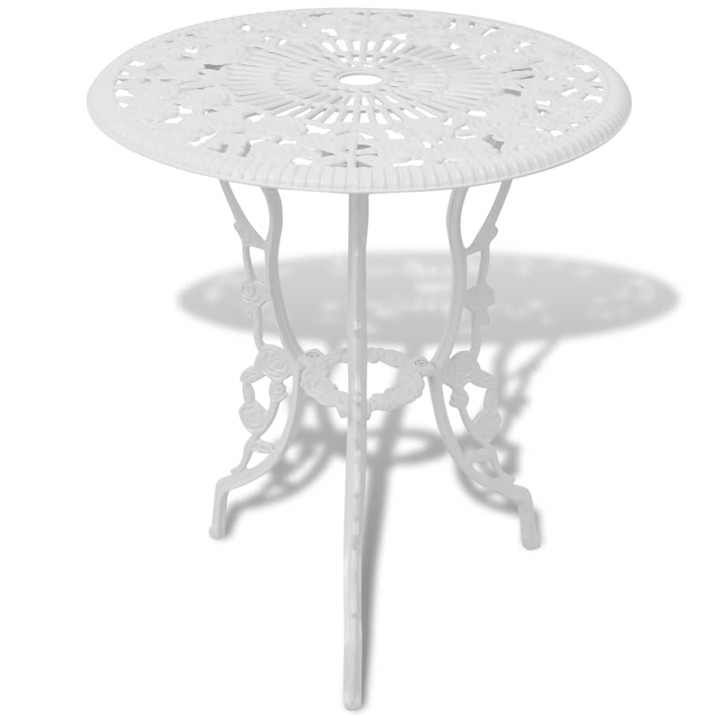 vidaXL 3-Piece White Outdoor Patio Bistro Set with Round Table & 2 Chairs - Durable Cast Aluminum Top & Iron Legs with Floral Design - Perfect for Garden, Balcony or Backyard Dining