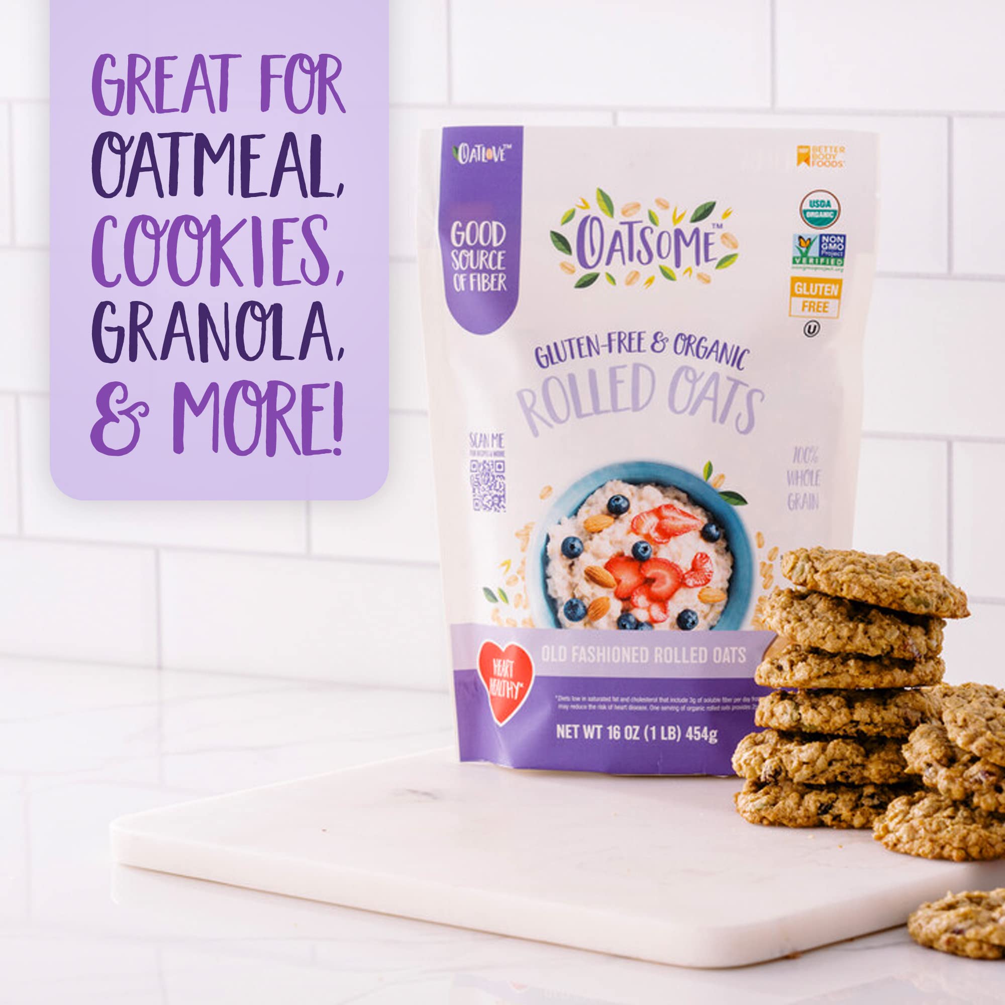 Organic Rolled Oats 1lb Bag - Gluten-Free Whole Grain Oats for Oatmeal, Baking & Granola - Healthy Breakfast, Smoothie Bowls & Energy Bars