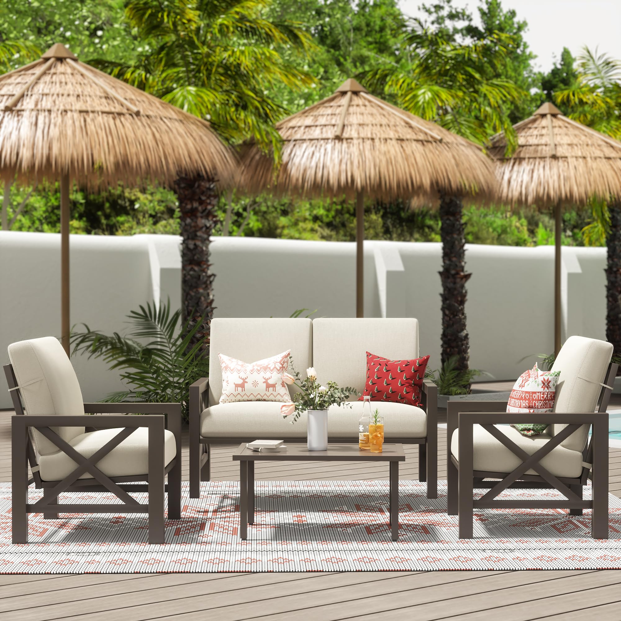 4-Piece Outdoor Patio Furniture Set - Metal Sectional Conversation Set with Loveseat, 2 Chairs & Table - Beige Cushions Included - Perfect for Garden, Yard, Backyard & Poolside Relaxation