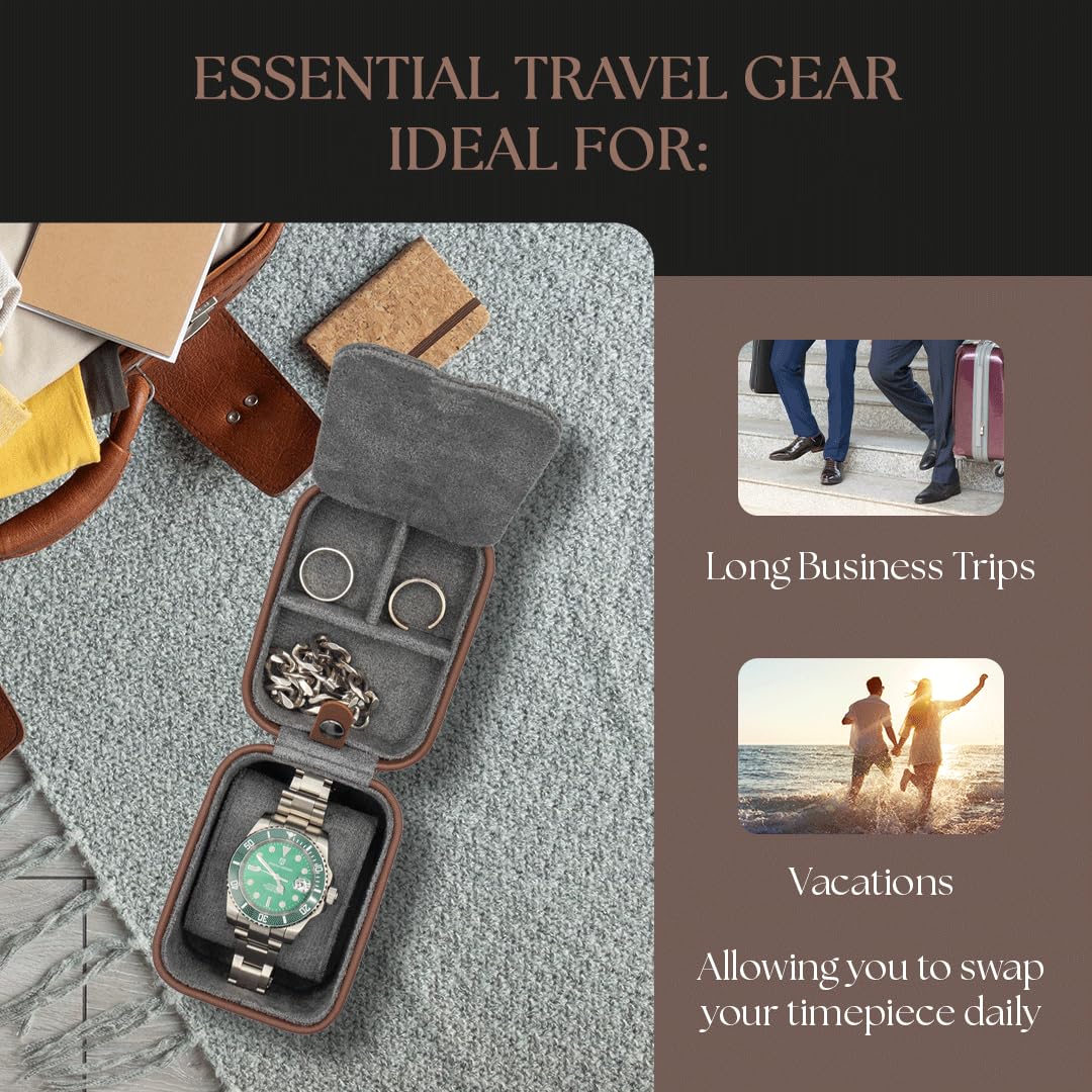 Premium Leather Travel Watch Case for Men - Luxury Wristwatch & Smartwatch Storage Organizer - Perfect for Business Trips, Vacations & Jewelry Protection