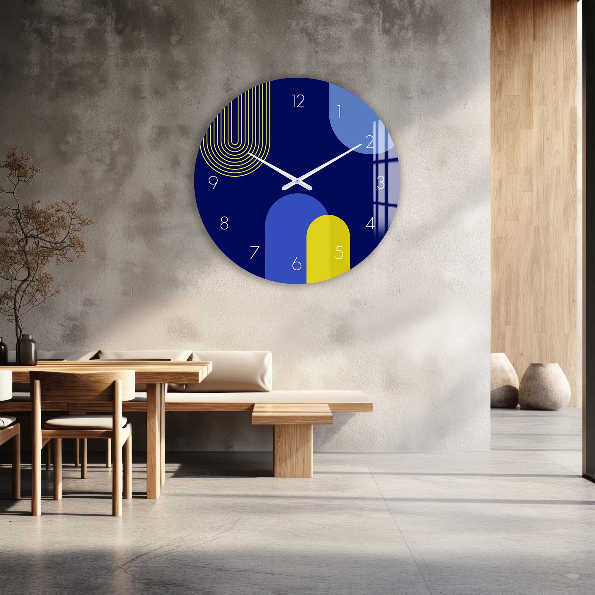 Stylish Puffy Blue & Yellow Glass Wall Clock - Modern Home & Office Decor for Living Room, Bedroom, Kitchen