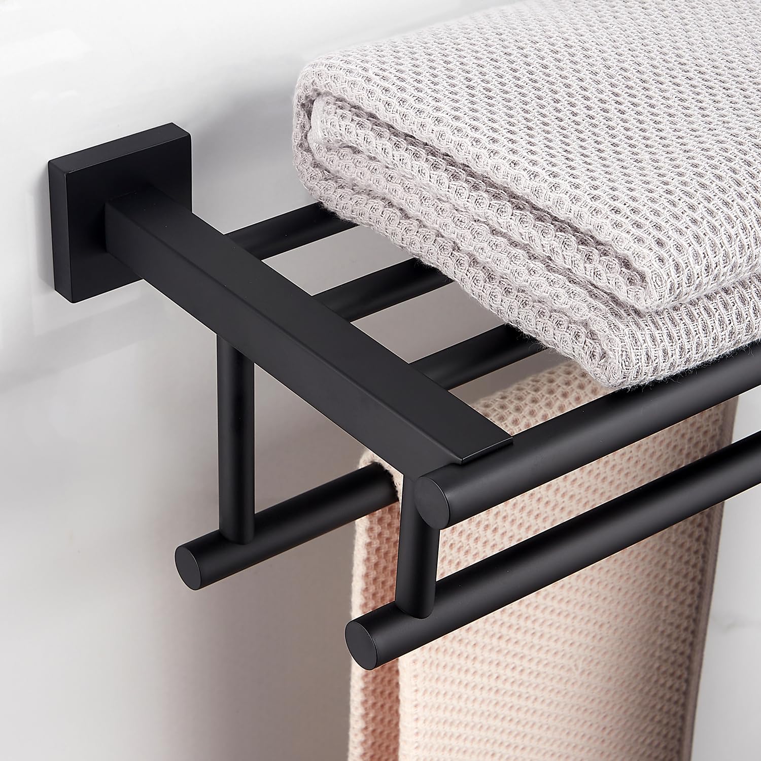 24 Inch Wall Mounted Towel Rack - Matte Black Double Towel Bar with SUS304 Stainless Steel - Bathroom Towel Holder for Home & Hotel Use - Space Saving Durable Towel Shelf for Bath, Spa & Guest Rooms