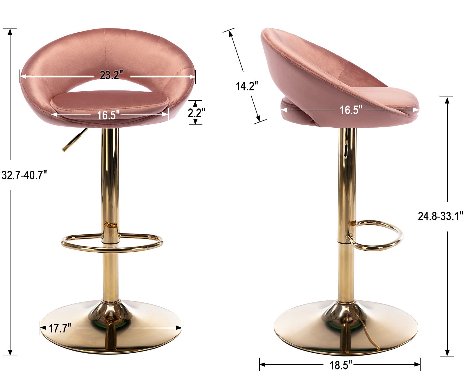 EALSON Modern Swivel Bar Stools Set of 2 - Adjustable Height Low Back Kitchen Island Stools with Gold Base & Velvet Upholstery, Pink - Perfect for Breakfast Bars, Home Bars, and Kitchen Counter Seating