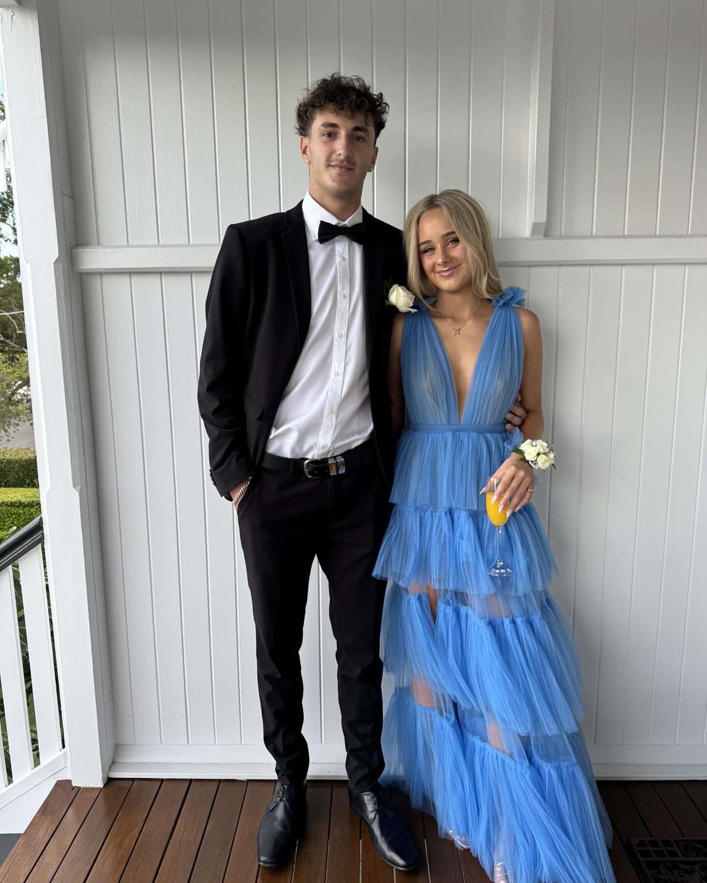 Elegant Deep V Neck A-Line Blue Prom Dress with Tiered Skirt - Perfect for Wedding Guest, Homecoming & Formal Events - Style J6935