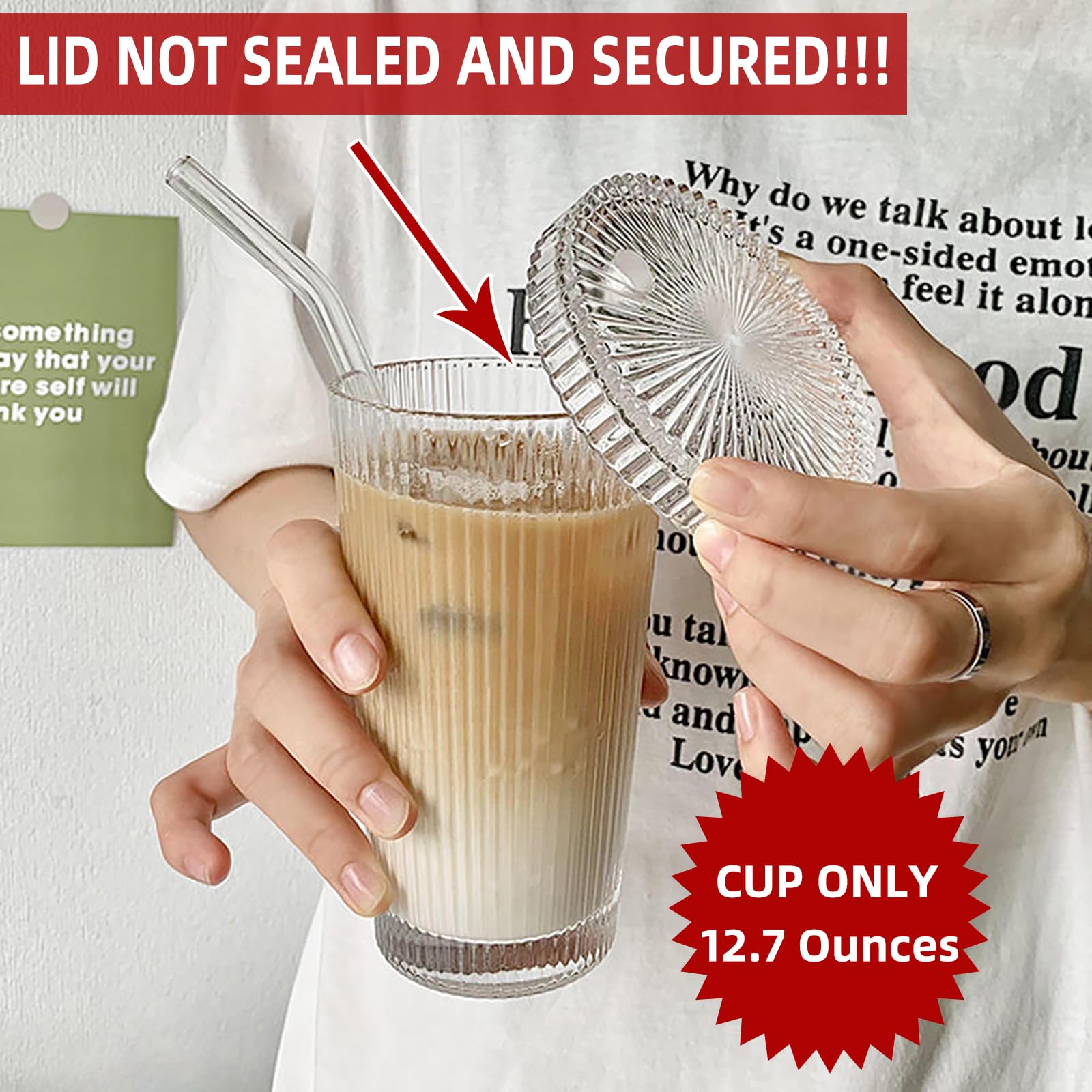 12.5oz Glass Coffee Cup with Lids & Straws - Leak-Proof, BPA-Free Drinking Glasses for Iced Coffee, Smoothies & Cold Beverages - Perfect for Home, Office & Cafe Use (Round Shape, Non-Screw Secure Lid)