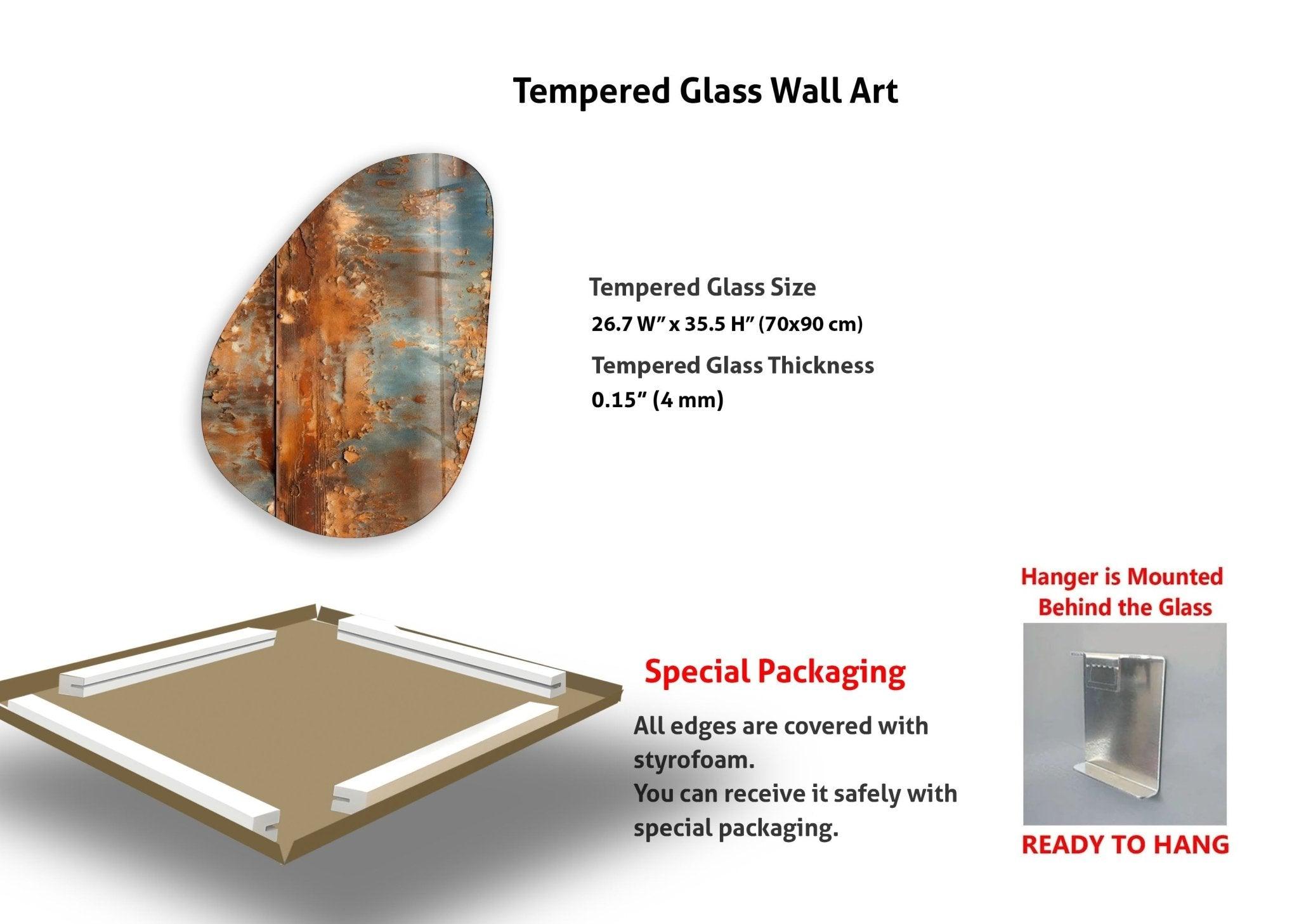 Modern Asymmetrical Oval Abstract Rusty Glass Wall Art Decor - Handmade Rustic Home & Office Decoration for Living Room, Bedroom, or Dining Area