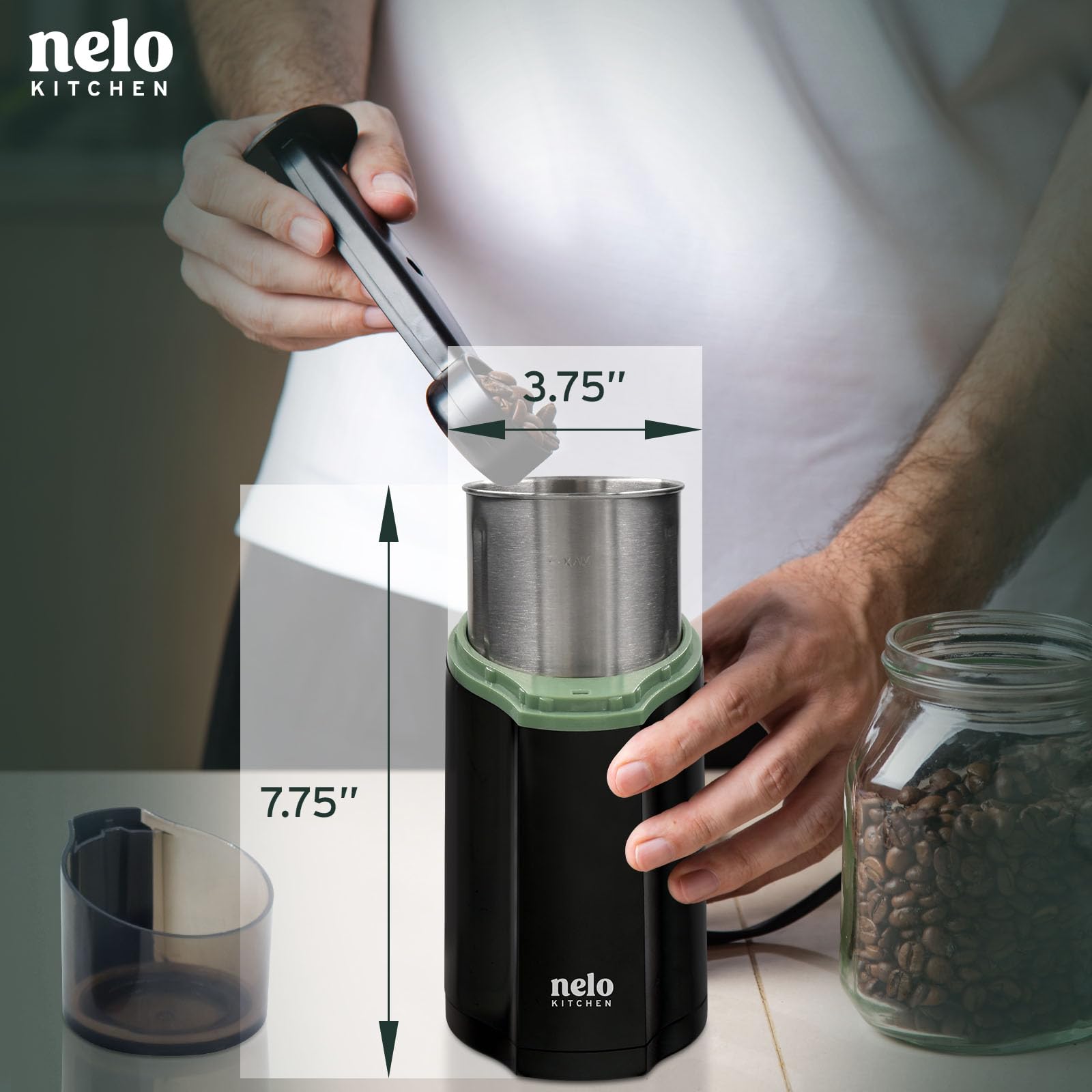 NELO 3.5oz Electric Coffee Grinder - 200W One-Touch Operation, BPA-Free Stainless Steel Dishwasher Safe Bowl for Coffee Beans, Spices & Nuts - 15 Cup Capacity - Perfect for Home Kitchens & Coffee Shops