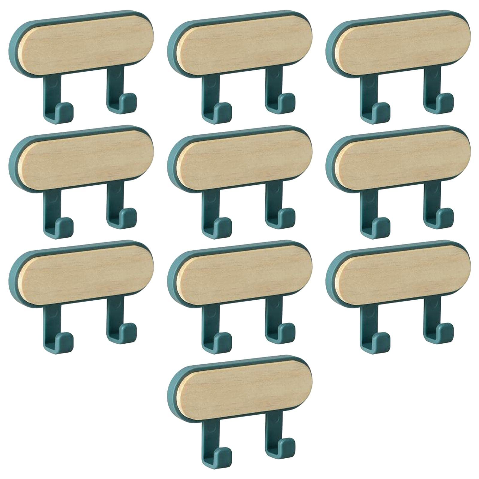 10Pcs Wall Mounted Coat Rack - Wooden Multi-Functional Key Holder with 2 Hooks for Bathroom, Entryway & Bedroom - Blue Towel & Accessory Organizer for Home & Office Use