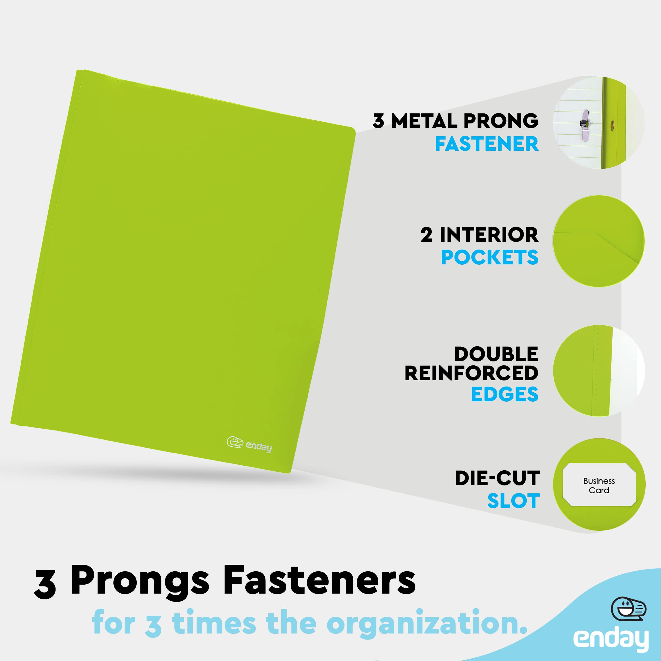Enday 6-Pack Plastic Folders with Pockets & Prongs - 2-Pocket Folders with Brads for Letter Size Sheets (Green, Blue, Purple, Red, Pink, Grey) - School Supplies, Office Organization & Document Storage