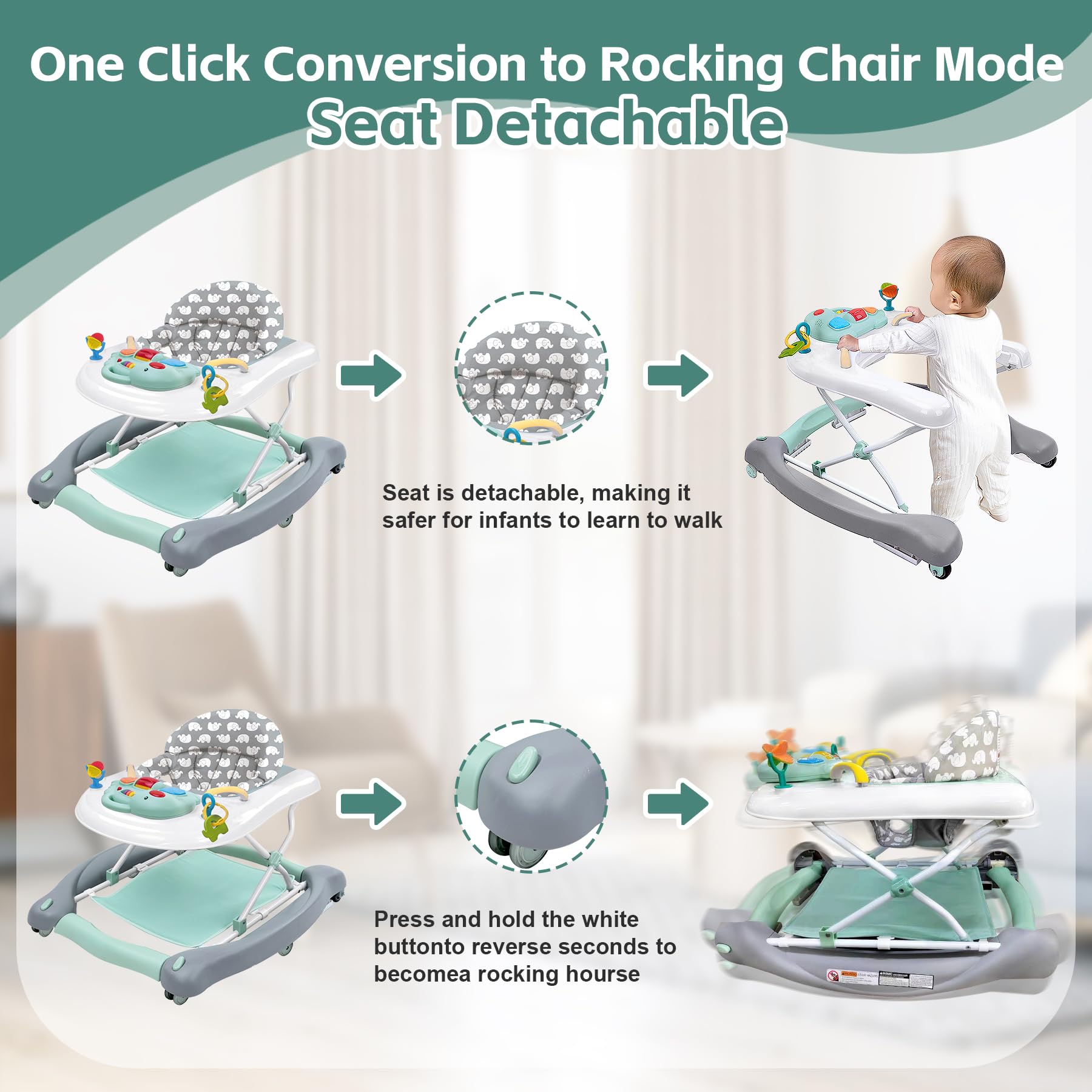 Foldable Baby 5-in-1 Activity Walker - Convertible Rocker, Activity Center, Bouncer, Seat & Push Walker for Infants 6-18 Months - Adjustable Speed Wheels & Height with Detachable Toys (Mint Green) | Perfect for Playtime, Learning & Safe Mobility at Home