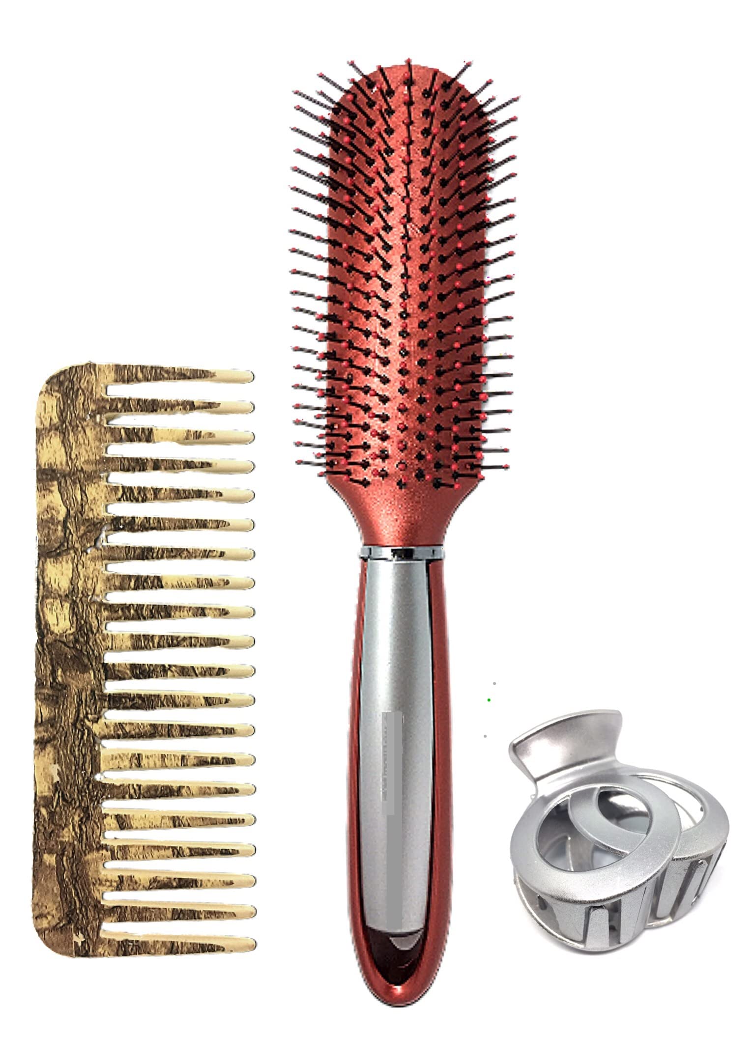 BigBro Hair Styling Kit - Wooden Finish Curved Brush, Wide Tooth Comb & Hair Clutch for Women, Men & Kids | Perfect for Detangling, Styling & Travel | 3-Piece Combo