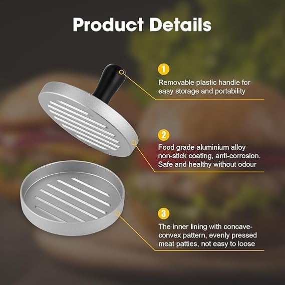 JIARKA Aluminum Alloy Non-Stick Burger Press - Hamburger Patty Maker for Beef, Cheese & Veggie Burgers | Perfect for BBQ, Backyard Grilling & Home Kitchen Use
