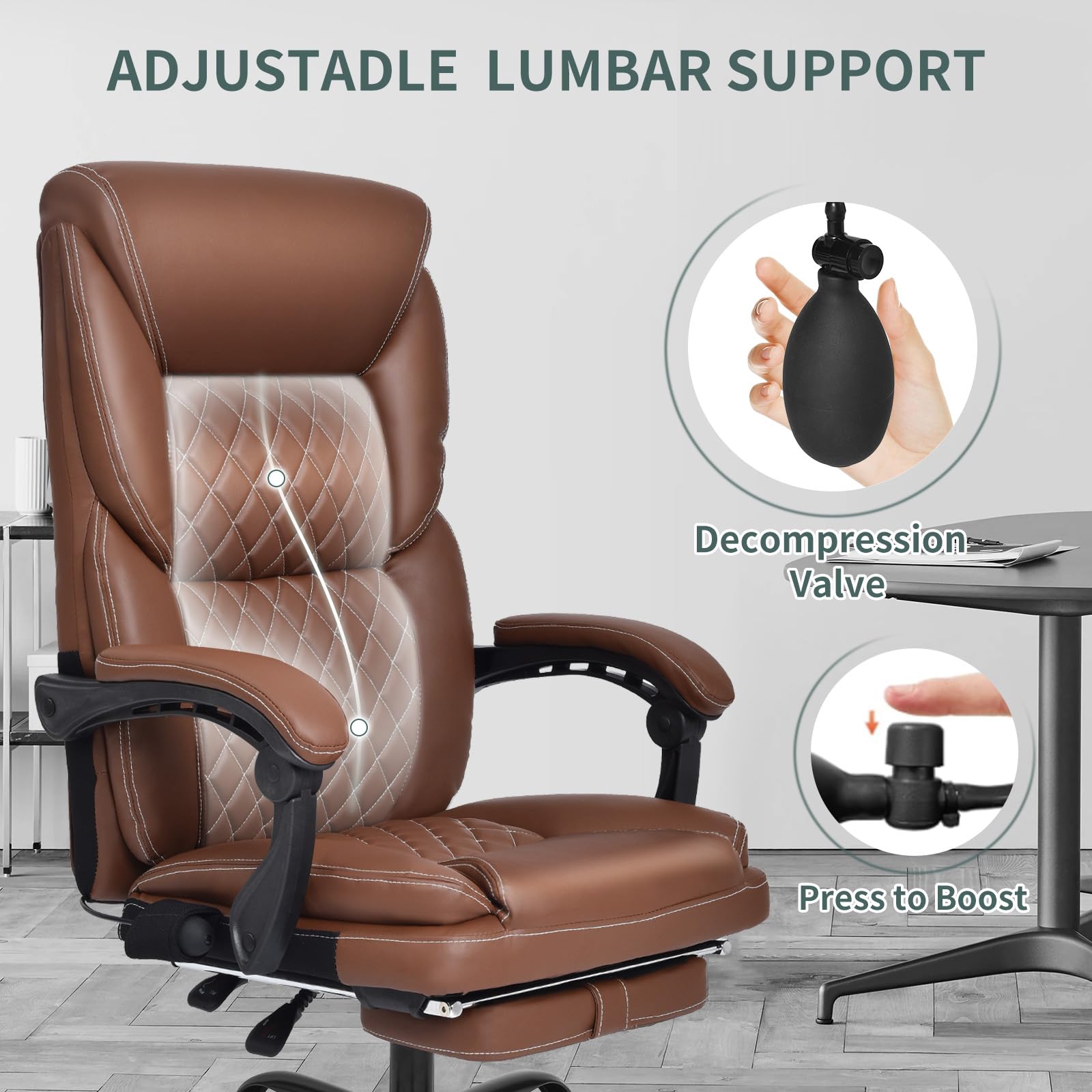 Big and Tall Ergonomic Office Chair with Footrest - High Back Reclining Leather Computer Gaming Chair with Lumbar Support for Home & Office (Brown) | Perfect for Long Work Hours, Gaming Sessions & Remote Work Comfort