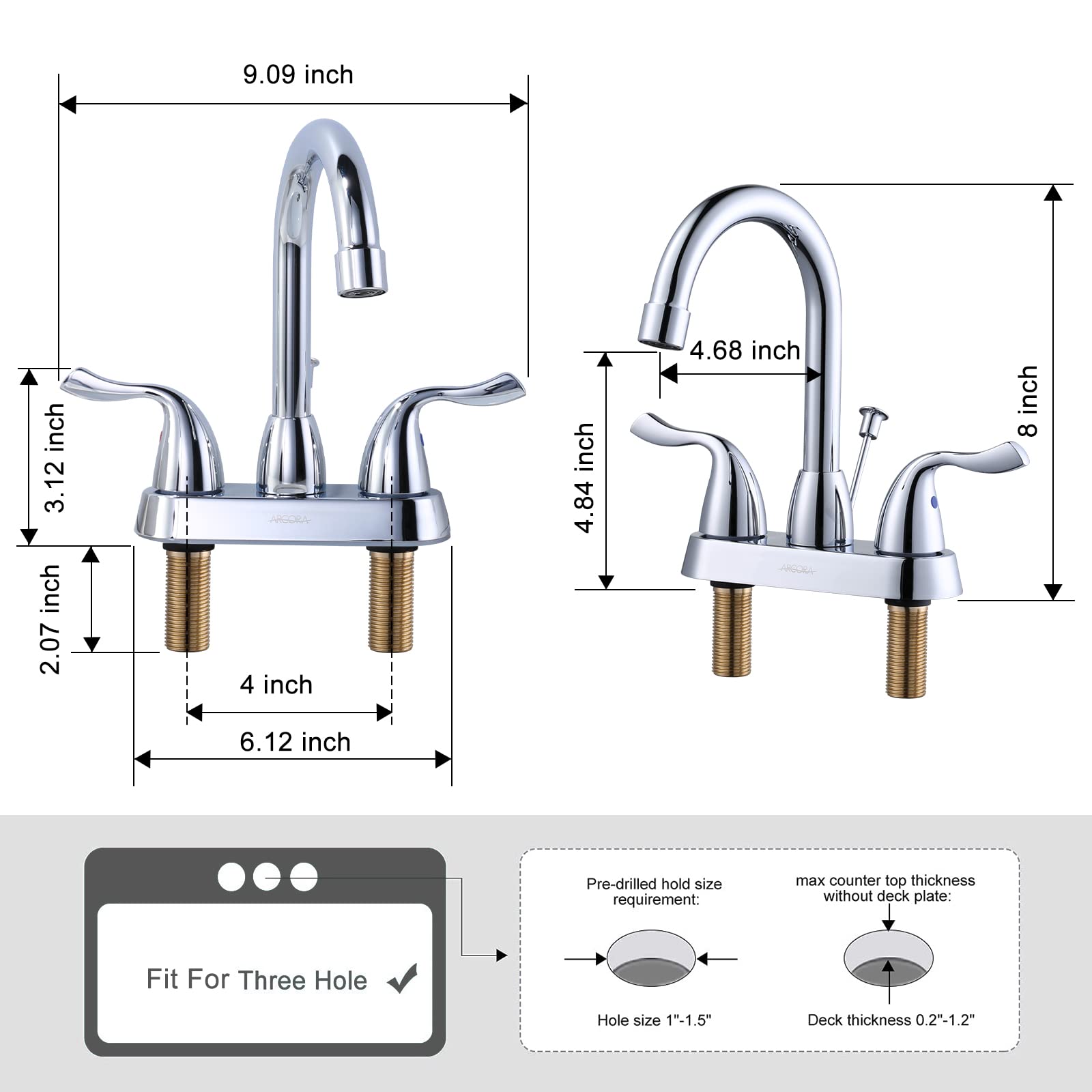 ARCORA 2-Handle 4-Inch Centerset Bathroom Faucet in Chrome - Includes Drain Assembly & Supply Hoses - 3-Hole Mount Bathroom Sink Faucet for Vanities, Powder Rooms & Guest Baths