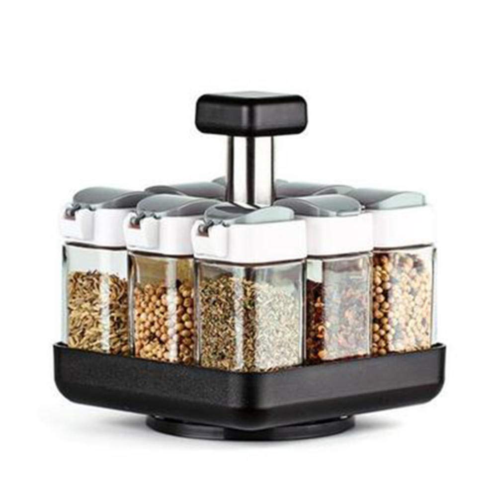 Premium Glass Spice Jars Set with Rotating Rack - 6-Piece Cruet Bottles for Salt, Pepper, Paprika & Seasonings - Perfect for Kitchen Storage, BBQ, Cooking & Home Organization