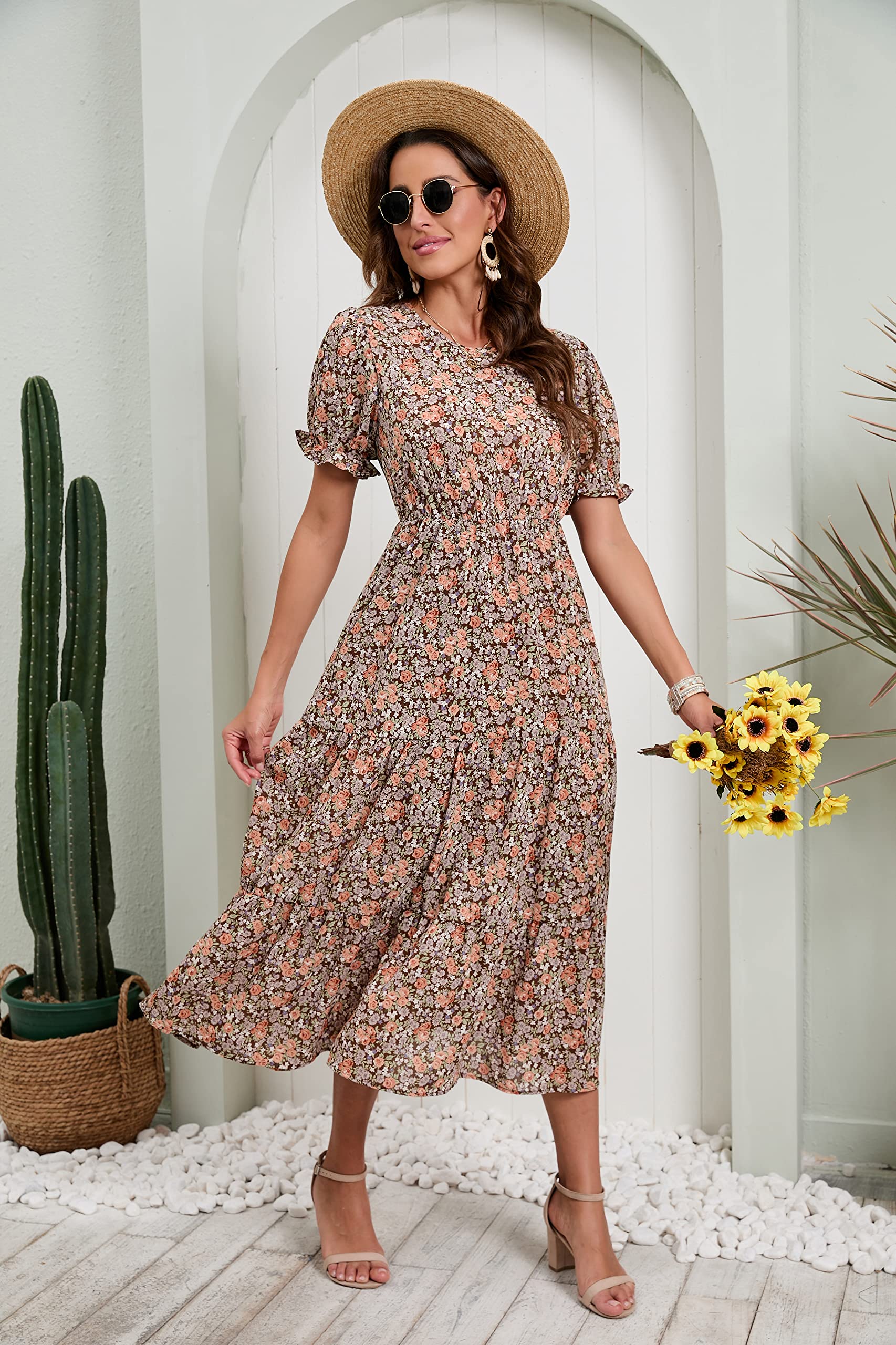 GRECERELLE Women's 2025 Spring Summer Casual Loose Boho Dress with Ruffle Puff Sleeves & High Waist | Flowy Midi Dress for Beach, Vacation & Everyday Wear