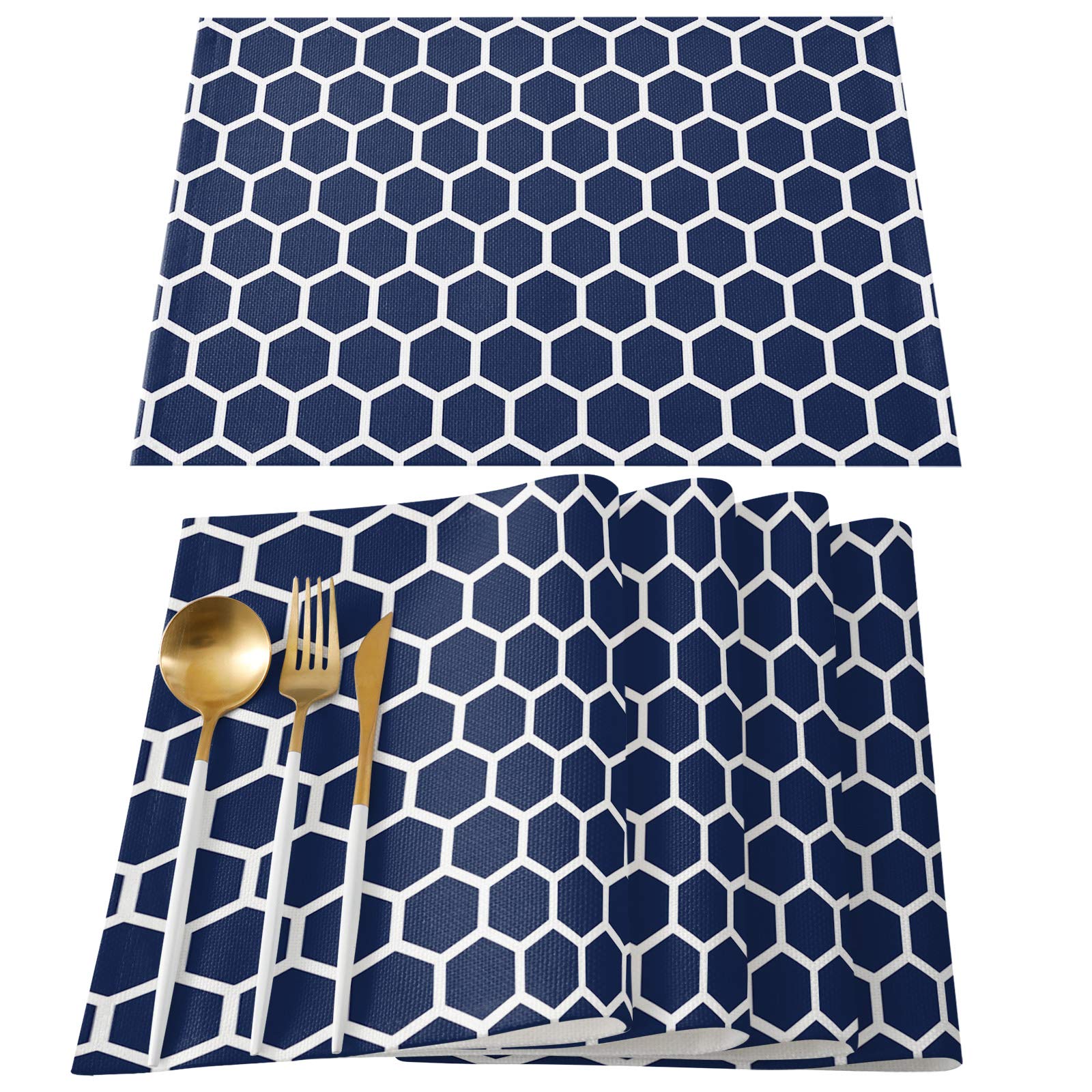 Washable Cotton Linen Placemats Set of 4 - Geometric Vintage Moroccan Pattern Hexagon Indigo Non-Slip Heat Resistant Table Mats for Farmhouse & Modern Dining Tables - Perfect for Everyday Meals, Dinner Parties, and Holiday Gatherings