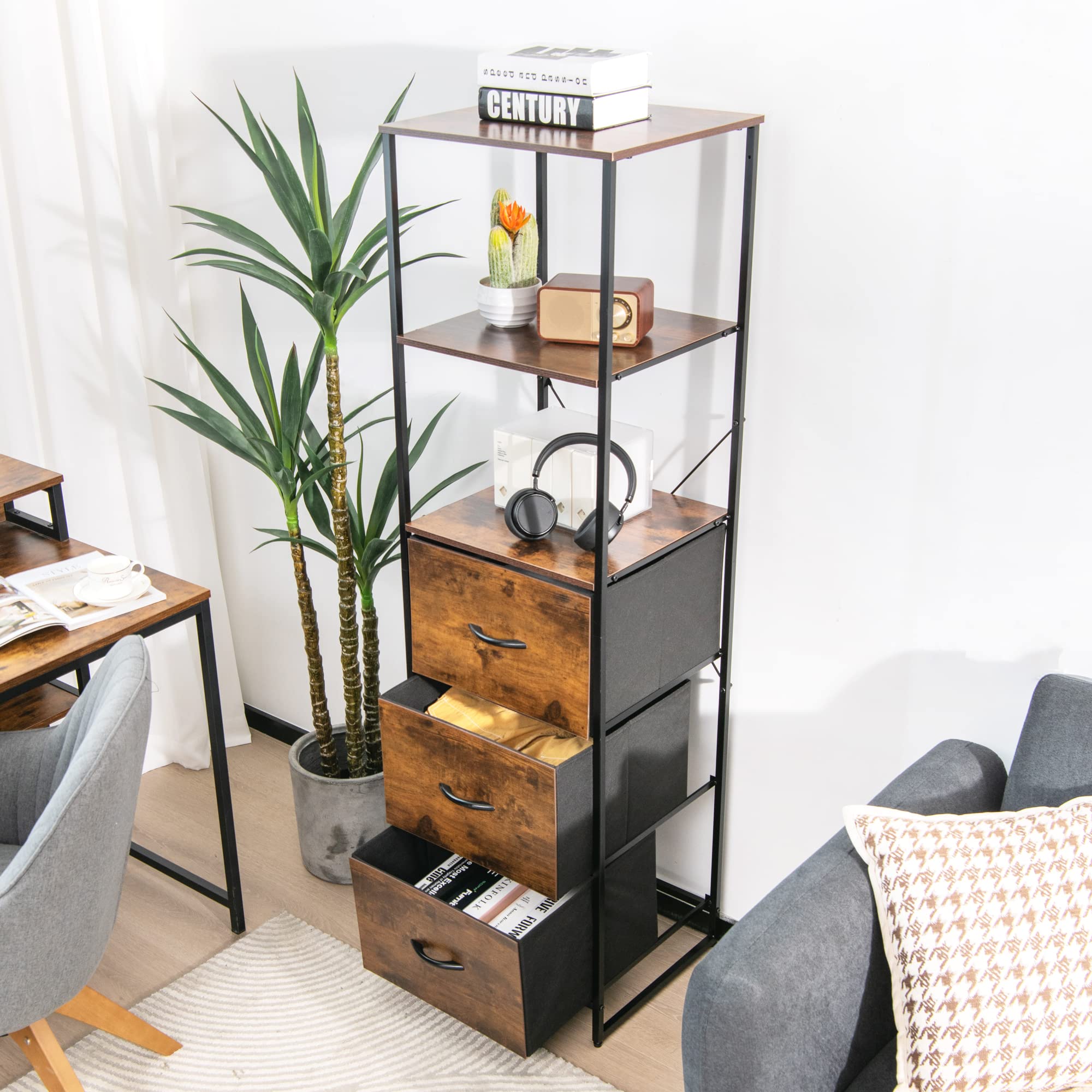 LOKO Tall Floor Storage Cabinet - Industrial Skinny Cabinet with 3 Fabric Drawers, Rustic Narrow Storage Organizer with Adjustable Footpads (17x15x61.5 Inches) - Perfect for Bedroom, Living Room & Office Organization