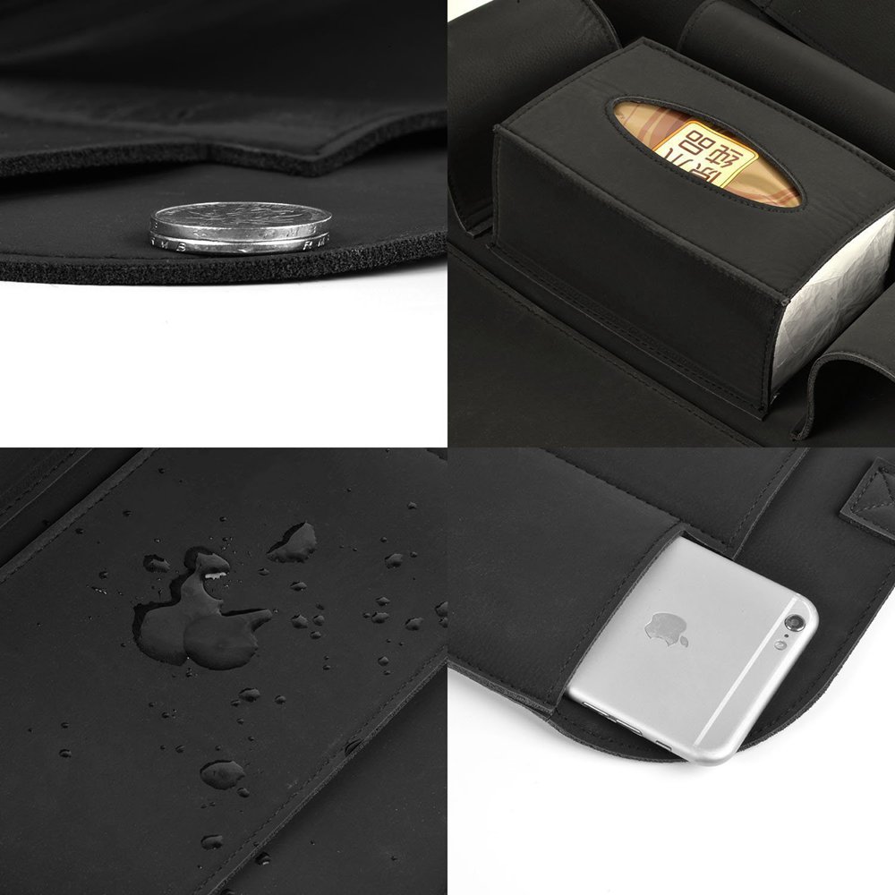 HCMAX 1 Pack Car Seat Back Organizer - PU Leather Storage Pocket with iPad Mini Holder, iPhone Cup Holder & Umbrella/Tissue Box Compartment - Backseat Protector & Kick Mat - Perfect for Road Trips & Family Travel (Black)