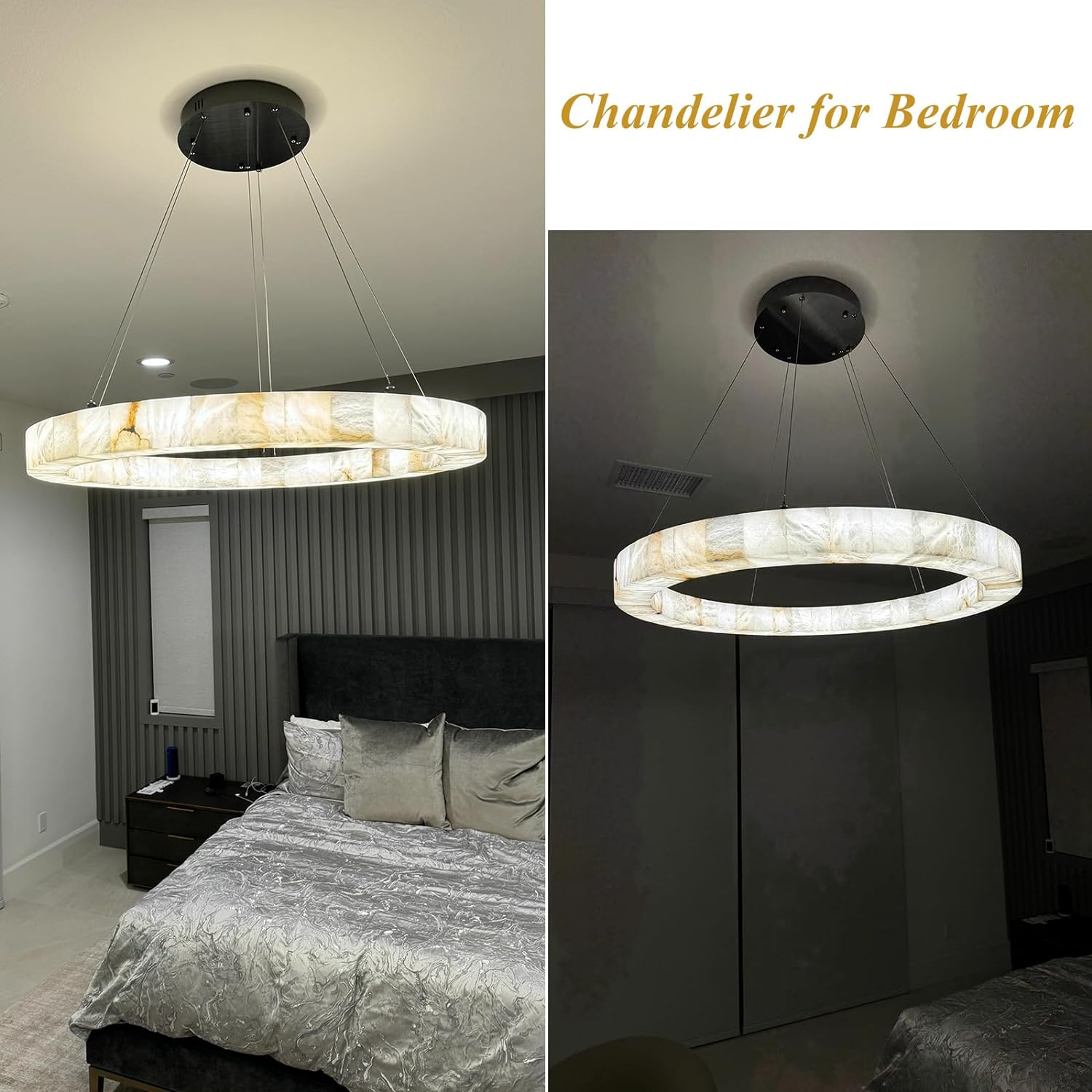 Modern Alabaster Halo Round Chandelier - 31/40/60 Inch - Elegant Ceiling Light Fixture for Dining Room, Bedroom & Living Room