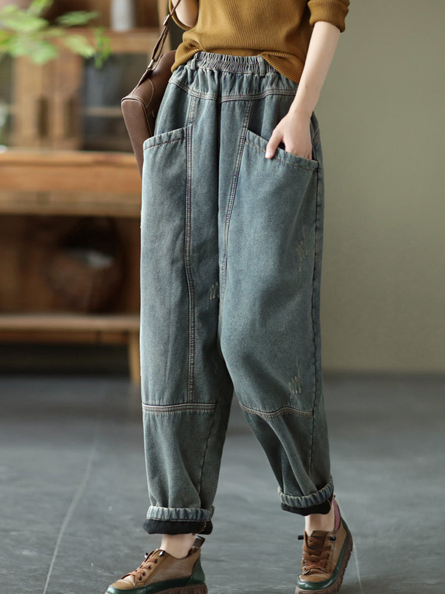 Plus Size Women's Retro Distressed Denim Fleece Lined Pants - High Waisted Stretch Jeans for Winter Warmth & Comfort - Perfect for Casual Outfits, Workwear & Cold Weather Fashion