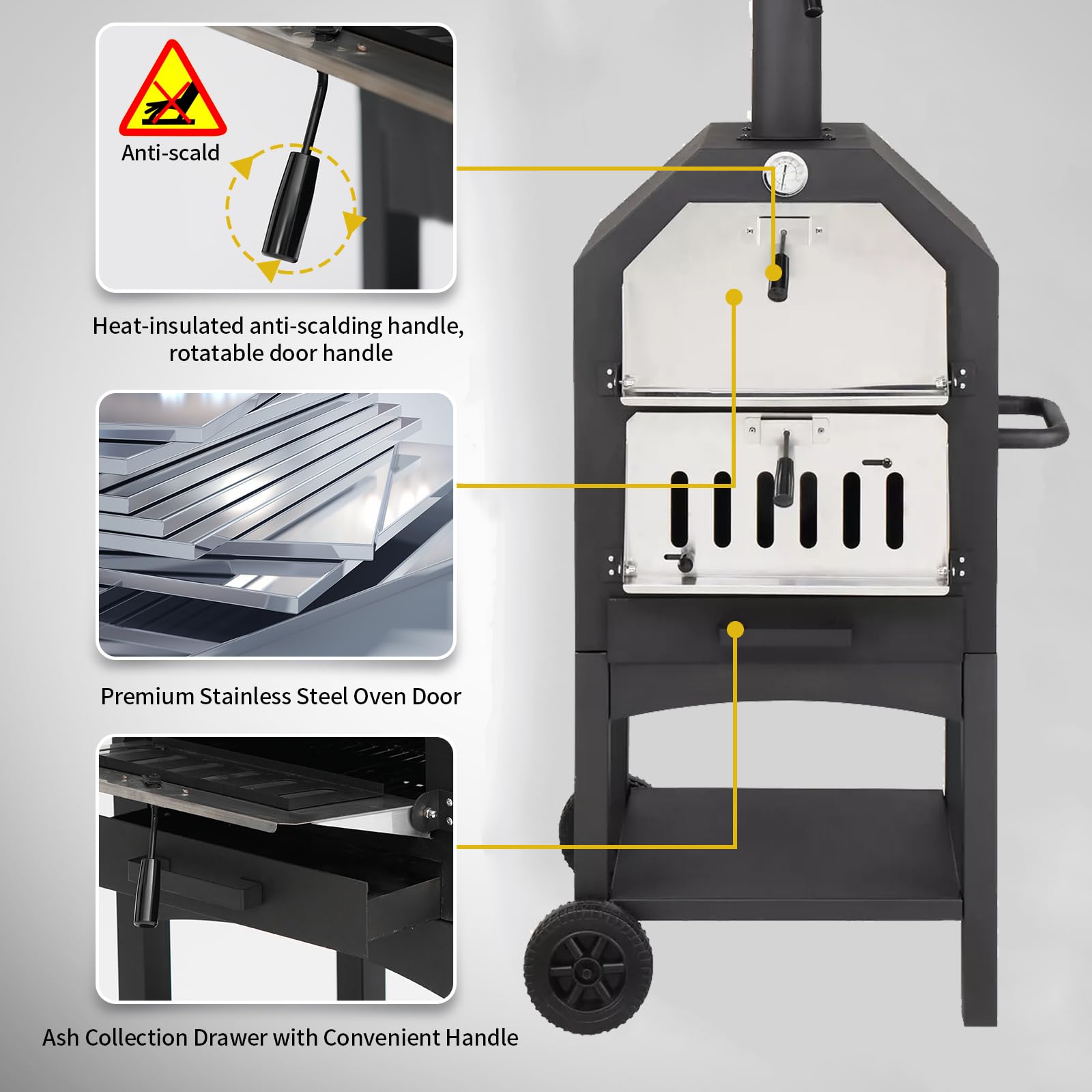 Premium Wood-Fired Outdoor Pizza Oven with Wheels - Portable Pizza Maker Kit Includes Pizza Stone, Peel, Grill Grate & Protective Cover - Perfect for Camping Trips, Backyard BBQs, Garden Parties & Outdoor Cooking Adventures (Square Design)