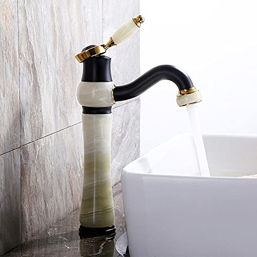 Premium Black & Brass Single Hole Deck Mount Bathroom Sink Faucet - Hot & Cold Water Mixer Tap with Jade Accents for Modern Vanity & Washbasin | Perfect for Home Renovation, Guest Bathrooms & Luxury Apartments