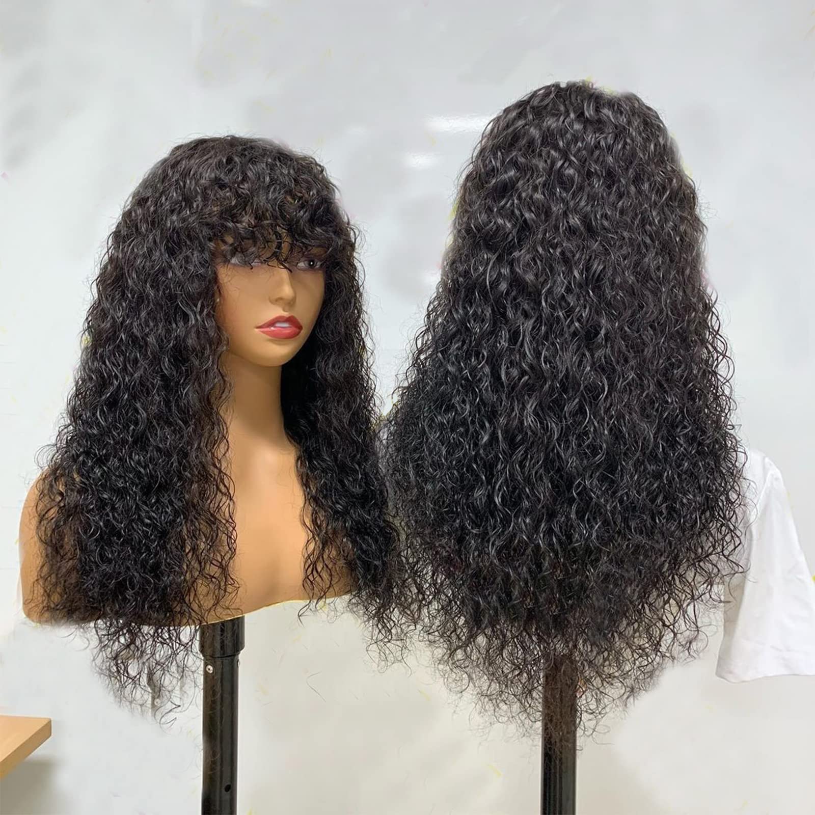 200 Density Brazilian Remy Human Hair Wig with Bangs & Scalp Top - Short Curly Machine Made Wig for Women (14 Inch, Natural Color) | Perfect for Daily Wear, Cosplay & Special Occasions