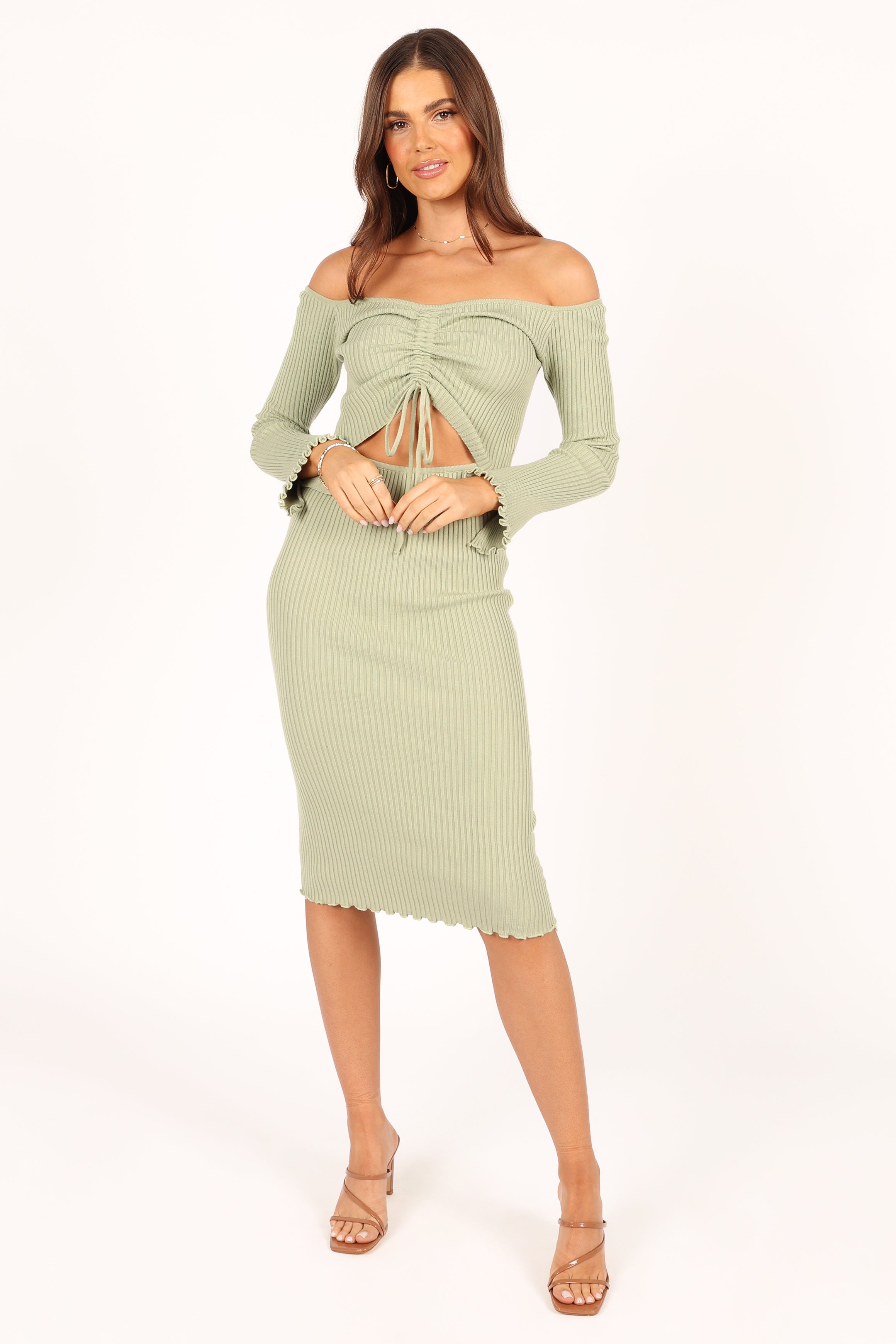 Geneva Off Shoulder Midi Dress in Sage Green - Flowy Summer Dress for Beach, Wedding & Date Night