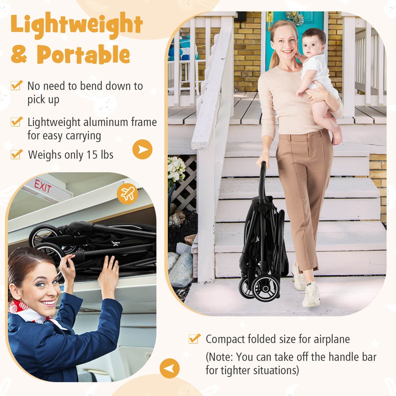 Lightweight One-Hand Folding Baby Stroller with Aluminum Frame - Compact & Portable for Travel, Shopping & Outdoor Walks (Black)