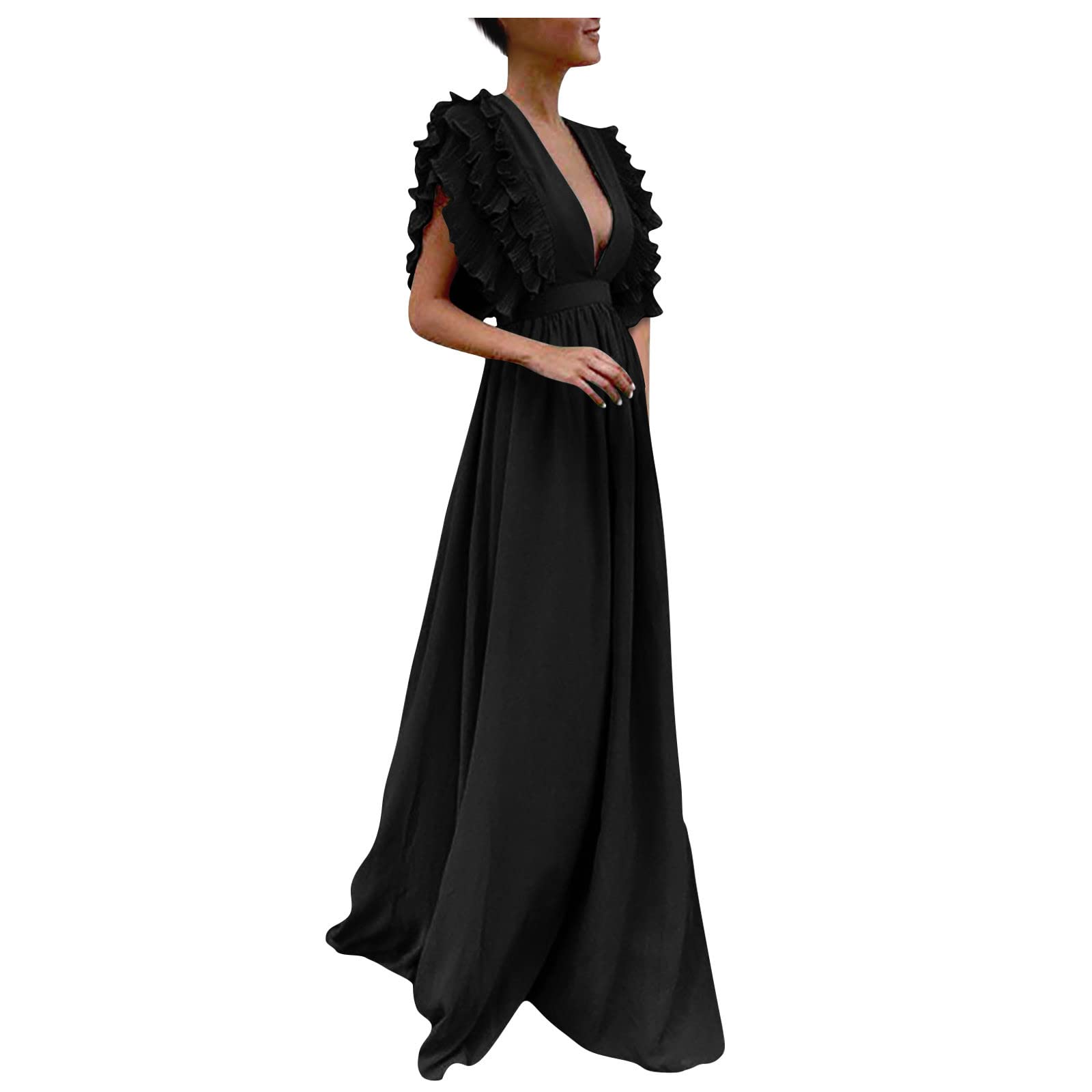 QUFECH Plus Size Vintage V-Neck Long Party Dress - Women's Summer Hollow Back Sleeve Dress for Evening Events, Weddings & Special Occasions