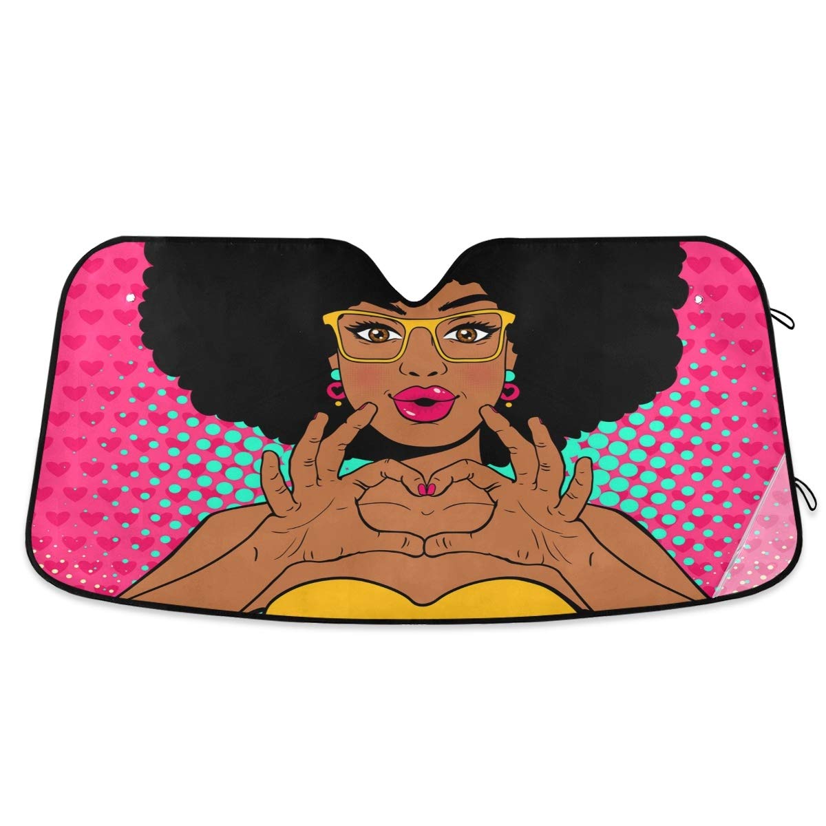 African Girl Pop Art Car Windshield Sunshade - UV Reflective Sun Visor Cover with Heart Glasses Design, Foldable & Retractable for Cars, Trucks & SUVs | Keep Cool & Protect from Sun Rays While Driving