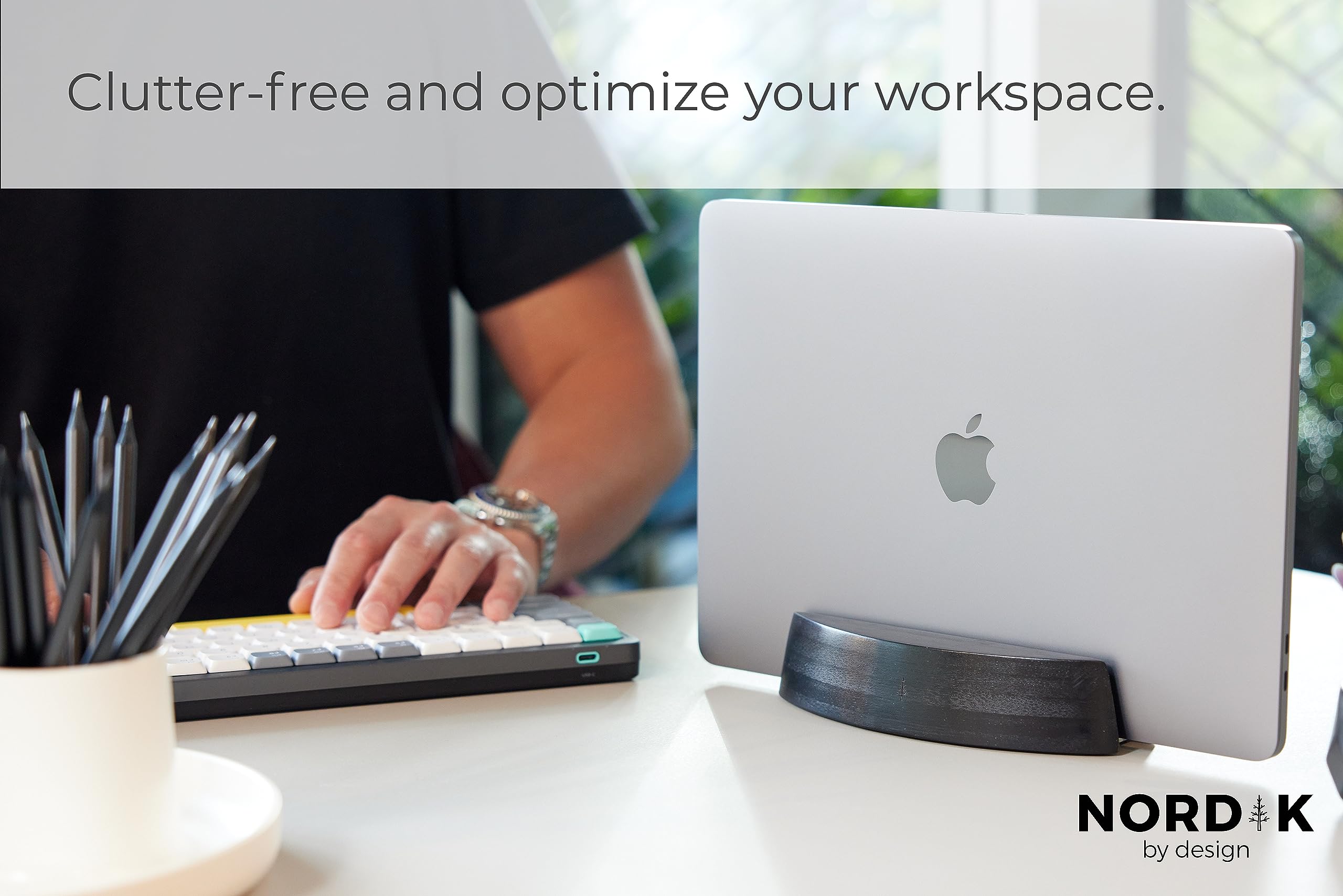 Nordik Vertical Laptop Stand - Premium Ergonomic Wooden Laptop Holder for MacBook, Dell, HP - Space Saving Desk Organizer for Home Office & Programmers - Non-Slip Stable Design for Better Posture (Perfect for Small Spaces & Dual Monitor Setups)