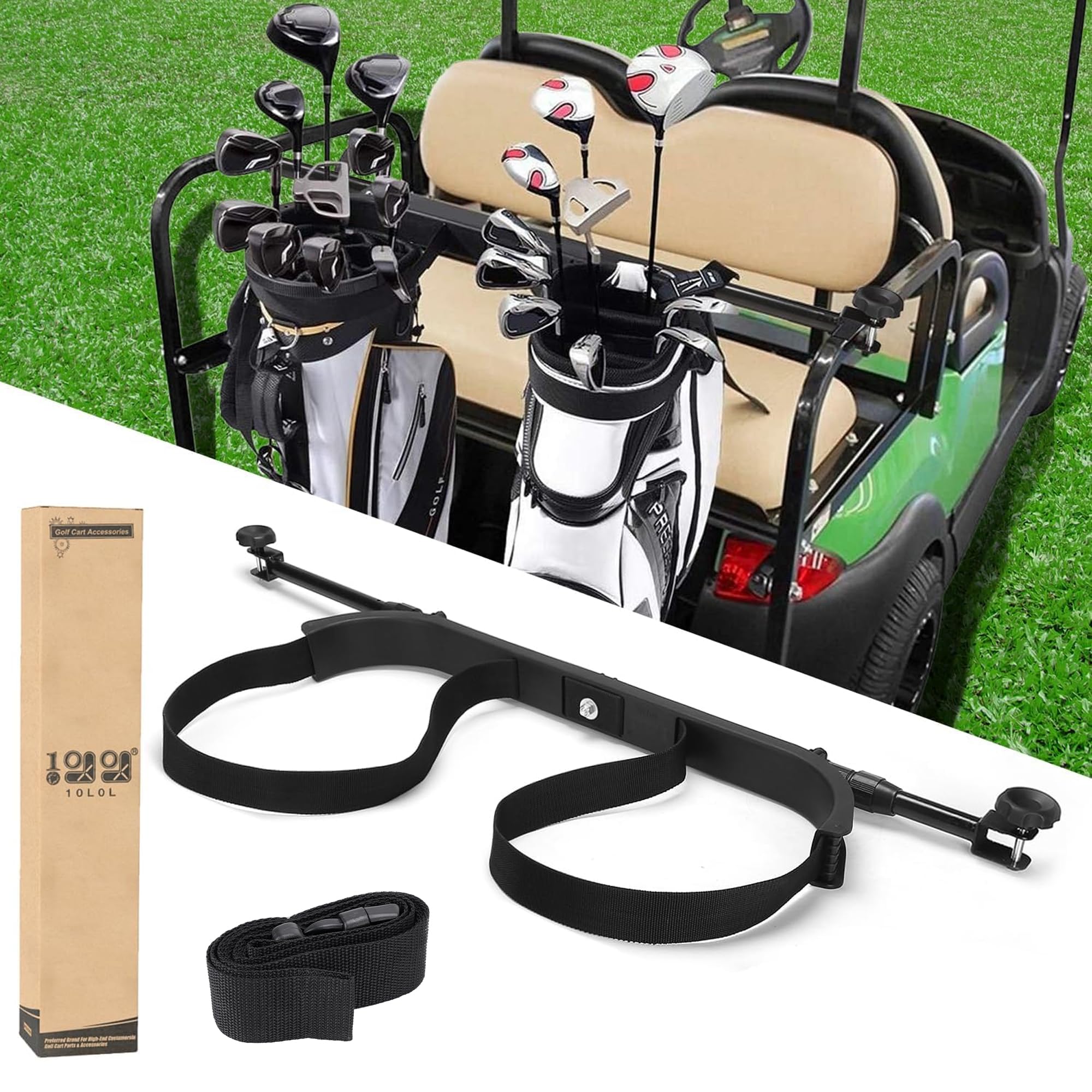 Universal Golf Bag Holder Attachment - No-Drilling Required for Yamaha, EZGO & Club Car Carts | Adjustable Rear Seat Golf Club Holder with Bonus Strap | Perfect for Golf Course, Driving Range & RV Travel