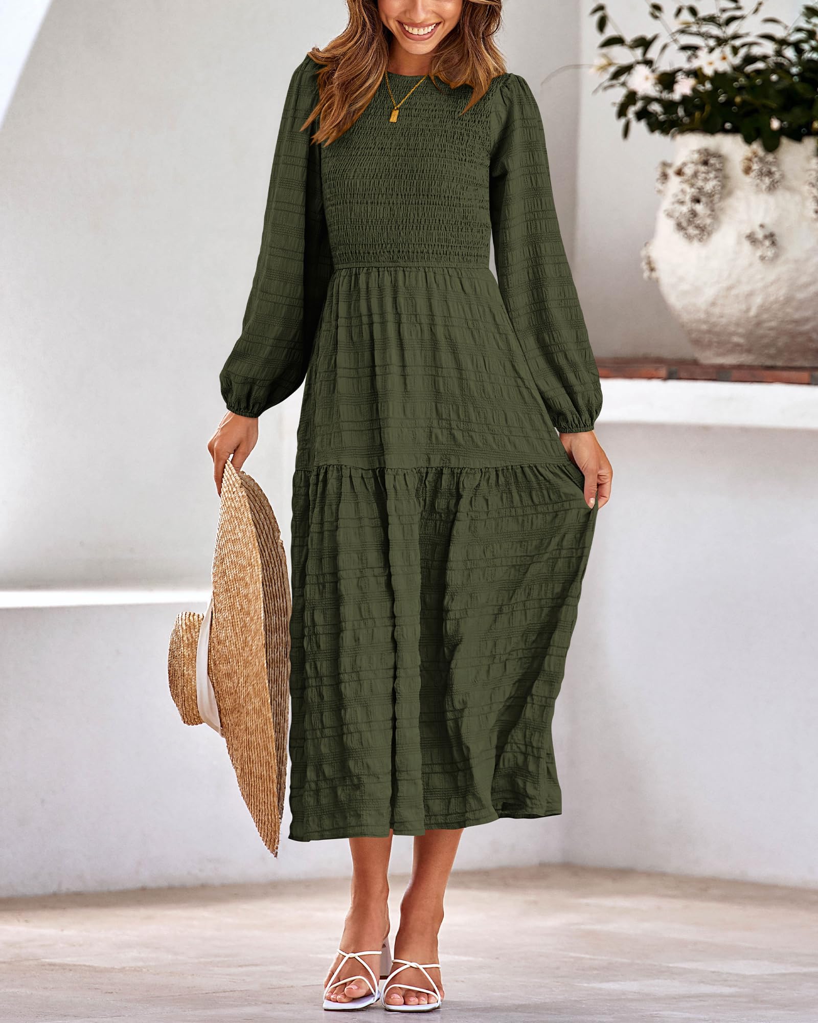 Dowerme Women's Boho Maxi Dress - Long Sleeve Smocked Tiered A-Line Flowy Wedding Party Dress for Spring 2025 | Perfect for Beach Weddings, Garden Parties & Casual Outings