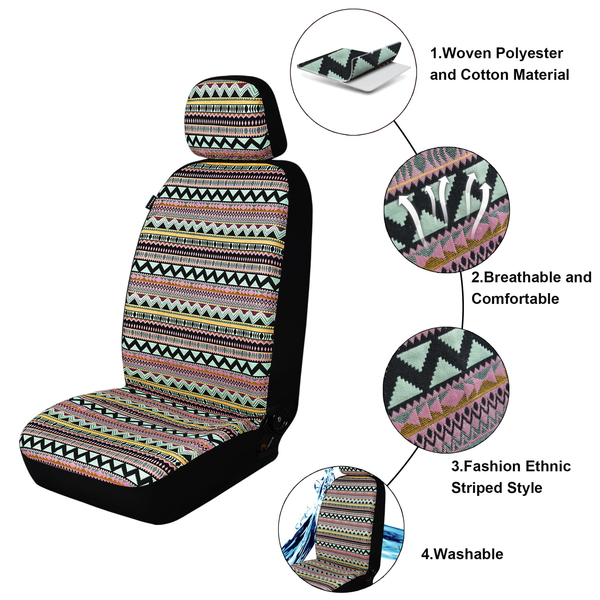 ENOGE Boho Car Seat Covers - Breathable Baja Saddle Blanket Universal Fit for Cars, SUVs, Trucks & Vans (Baja Pink, Front Pair) - Perfect for Road Trips & Daily Commute