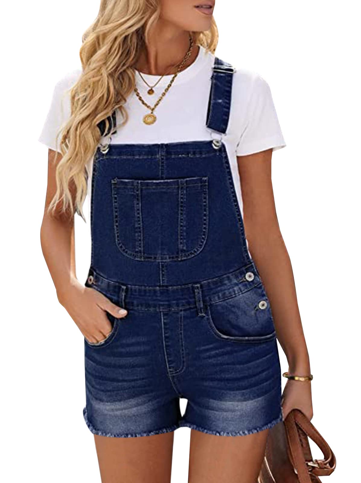 Women's Stretch Denim Bib Overalls Shorts with Adjustable Straps & Raw Hem - Casual Summer Romper for Outdoor Activities, Music Festivals & Street Style
