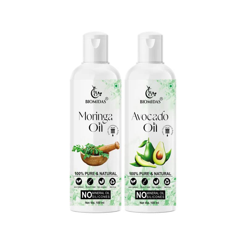 Biomidas 100% Pure Moringa Oil & Avocado Oil Combo Set (2 x 100ml) - Promotes Faster Hair Growth, Reduces Hair Fall, Repairs Split Ends for Soft & Shiny Hair - Natural Hair Care Treatment for Dry, Damaged Hair & Scalp Nourishment | Perfect for Daily Hair Routine & DIY Hair Masks