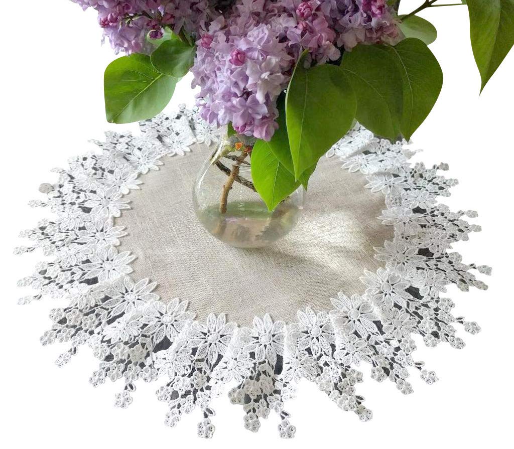 16 Inch Lace Doily Table Topper - Neutral Natural Earth Tones with Daisy Burlap Flowers - Perfect for Dresser, Dining Table, and Vintage Home Decor