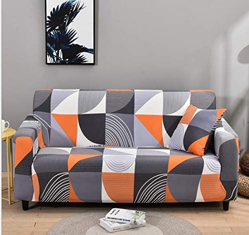 Stretch Sofa Slipcover for 3-Seater Couch - Non-Slip, Machine Washable Furniture Protector in Orange and Gray Geometric Pattern | Perfect for Living Room, Family Room, and Home Decor