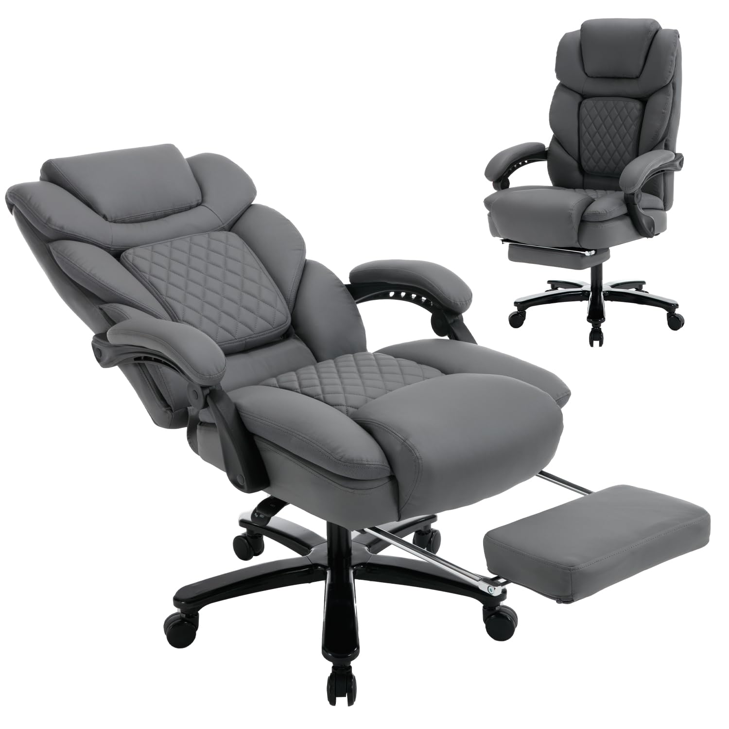 450lbs Heavy Duty Big & Tall Office Chair with Footrest - Ergonomic Reclining Leather Executive Desk Chair, Wide Seat for Back Support - Plus Size Managerial Chair in Gray - Perfect for Home Office, Gaming & Conference Rooms