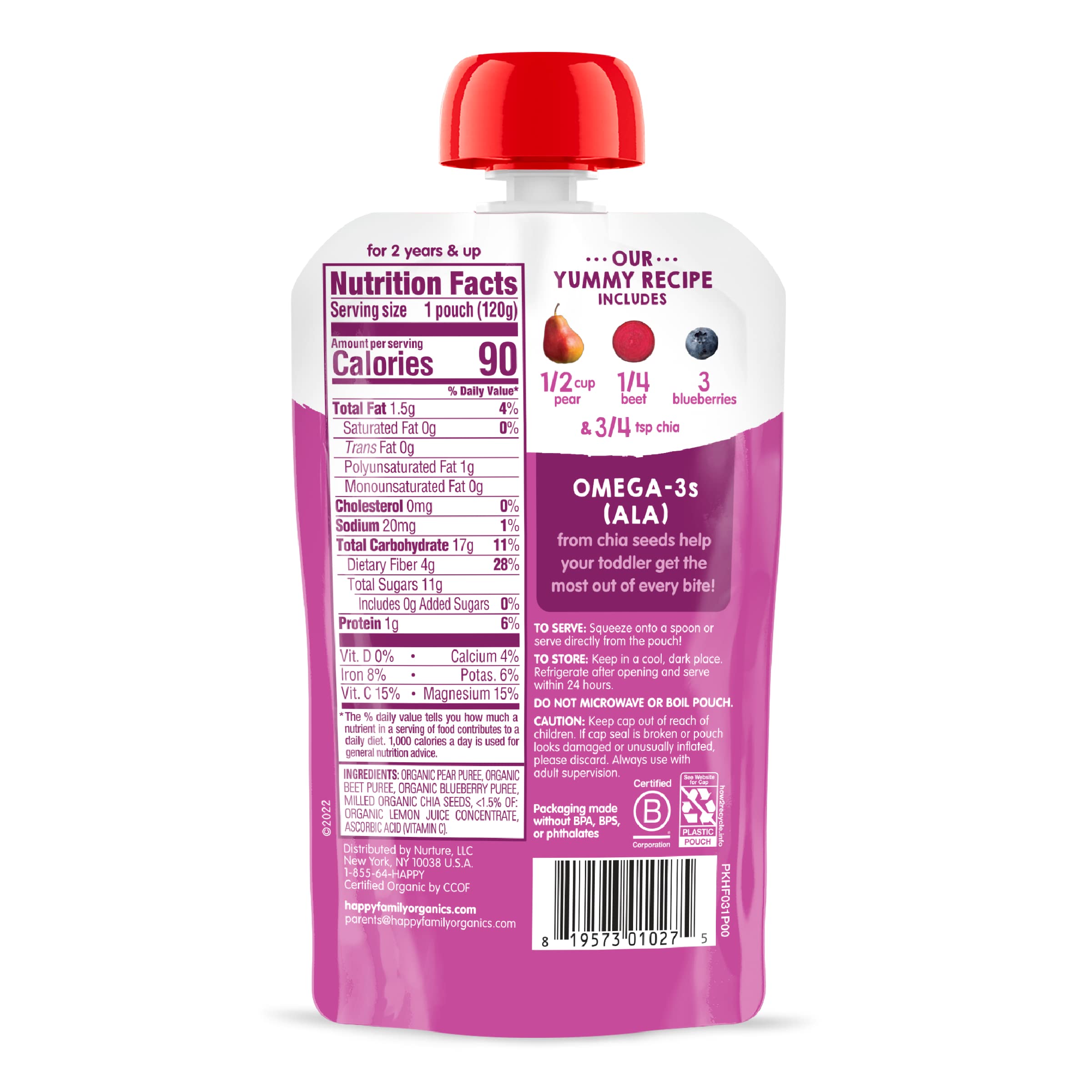 Happy Tot Organics Stage 4 Baby Food Pouches - Gluten Free Vegan Snacks with SuperFoods Fruit & Veggie Puree (Pears, Blueberries, Beets & Chia) - 4.22oz Pack of 16 - Perfect for On-the-Go Meals & Healthy Toddler Snacking