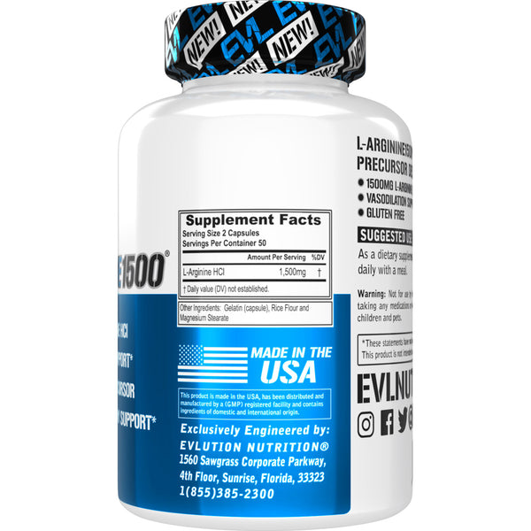EVLution Nutrition L-Arginine 1500mg - 100 Capsules (50 Servings) - Nitric Oxide Booster for Muscle Growth, Workout Performance & Heart Health - Pre-Workout Supplement for Athletes & Bodybuilders