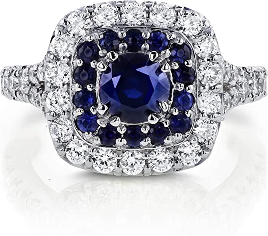 Elegant Blue Sapphire Engagement Ring with Double Cushion Halo & Semi-Split Shank – Cubic Zirconia Wedding Ring for Women, Gemstone Jewelry in White Gold & Yellow Gold (Sizes 6.5, 7, 9) – Perfect for Proposals, Anniversaries & Special Occasions