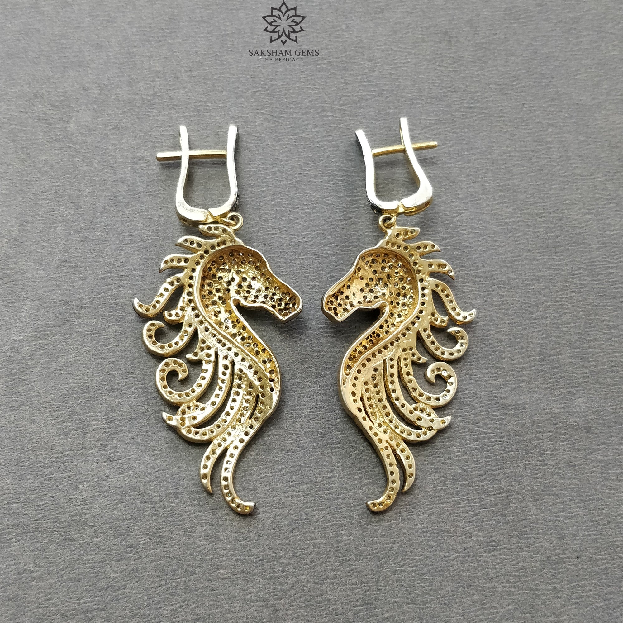 Natural Diamond & Ruby Gemstone Drop Dangle Earrings - 925 Sterling Silver & Gold Latch Back - Horse Face Pave Design (2.4
