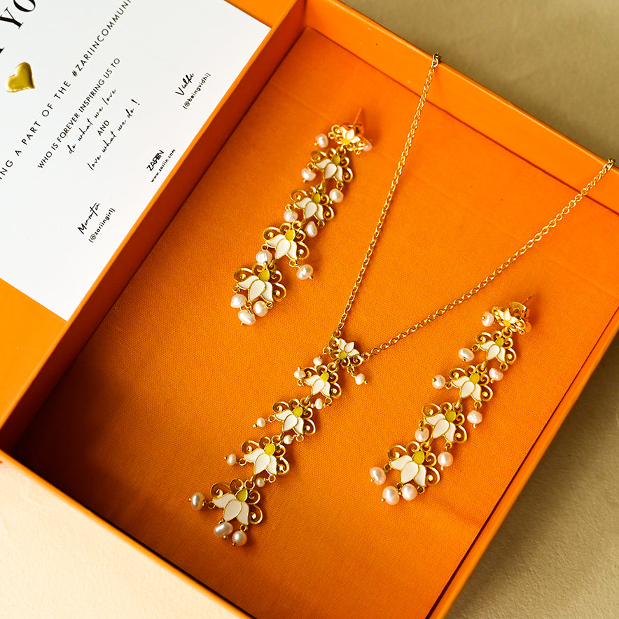 Lotus Drops Necklace and Earrings Set - Elegant Floral Jewelry for Women, Perfect for Weddings, Parties & Everyday Wear