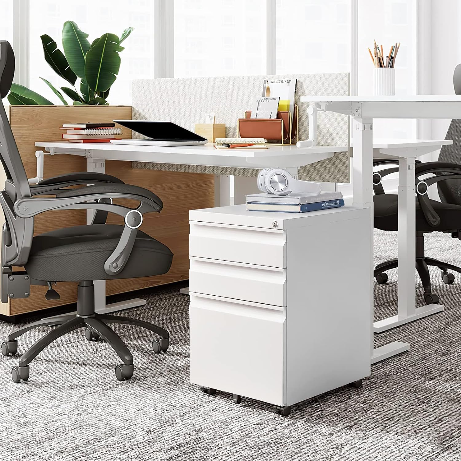 3 Drawer Locking File Cabinet for Home Office - Fully Assembled Mobile Storage for A4, Letter & Legal Size Documents - Under Desk Organizer for Papers, Folders & Office Supplies (White)
