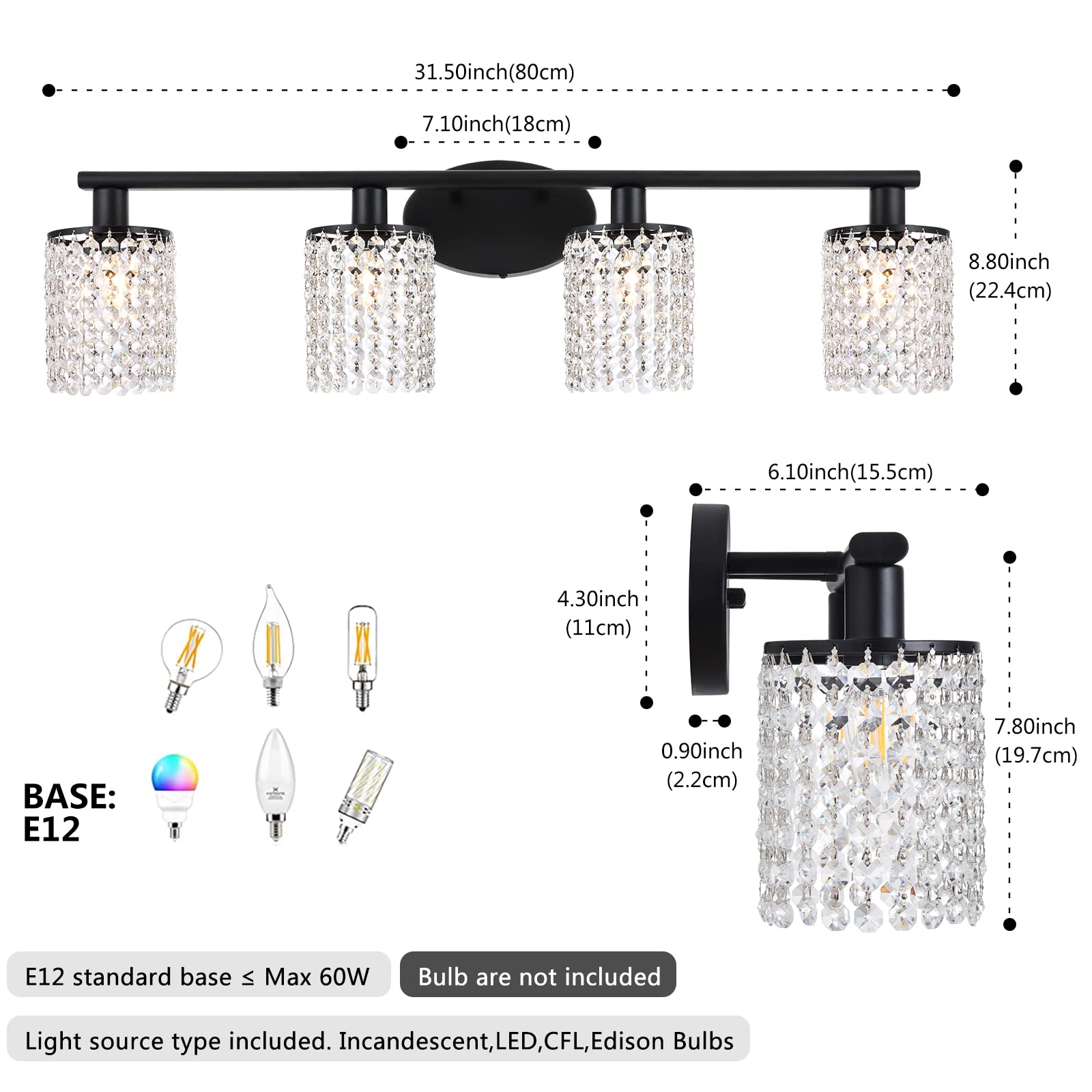 Modern Black Vanity Light 4-Light Crystal Bathroom Fixture for Mirror - Perfect for Bathroom Makeup & Grooming