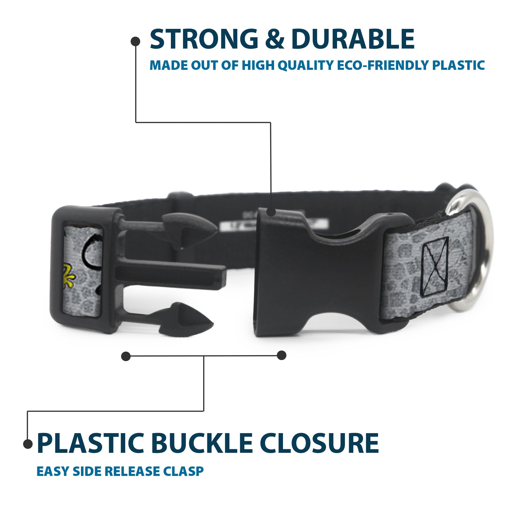 Spongebob Dog Collar with Plastic Clip - 3 Fun Poses (Grays & Black) Adjustable 9-15 Inches, 1.0 Inch Wide - Perfect for Cosplay, Pet Parties & Cartoon Lovers
