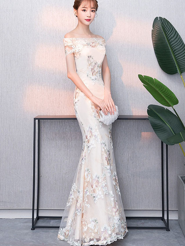 Elegant Off Shoulder Floral Embroidered Fishtail Maxi Dress for Women | Summer Beach Wedding Party Outfit